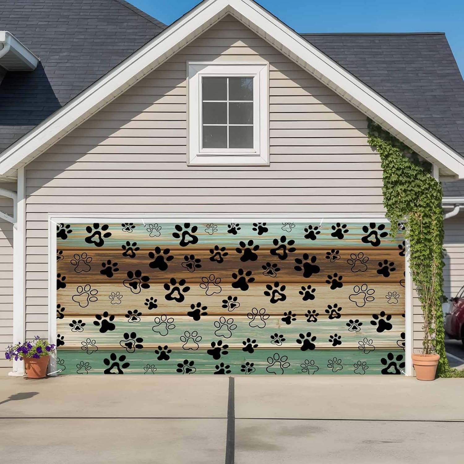 Green Brown Wood Grain Dog Claw Paw 7 x 16 ft Garage Door Cover Large Decorations Waterproof Banner for Holiday Outdoor Decor