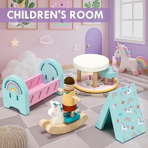 Miniatura 7 de Lehoo Castle Juego de muebles de casa de muñecas de madera, 39 piezas con 5 habitaciones, muñecas familiares y mascotas, accesorios y muebles de