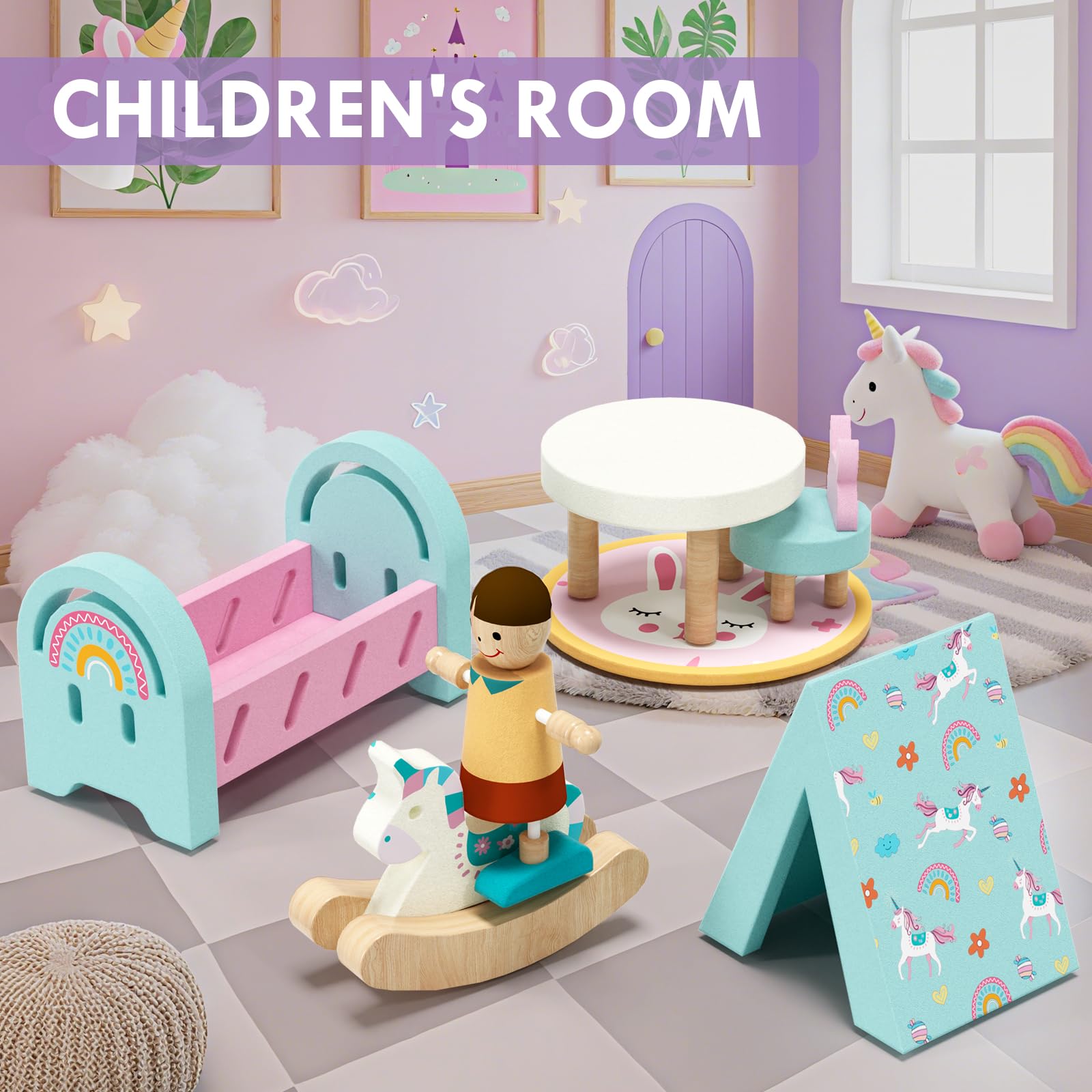 Juego de muebles de casa de muñecas de madera, 39 piezas con 5 habitaciones, muñecas familiares y mascotas, accesorios y muebles de casa de muñecas de madera, accesorios de casa de 7