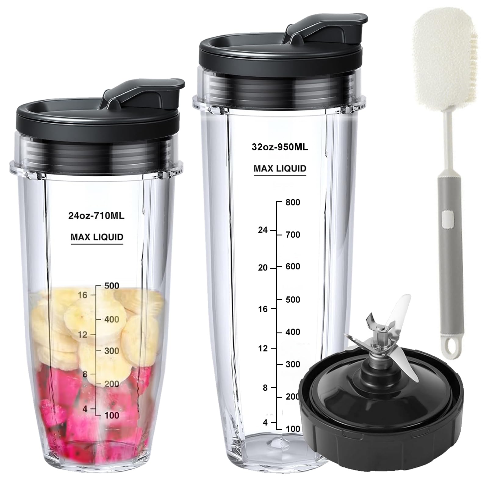 2 Pack Ninja Blender Replacement Parts, 32oz 24oz Blender Cups, 7 Fins, Cleaning Brush, Compatible with Nutri Ninja Auto iQ Blenders BL480 BL640 BL642W CT641 BL487-30 NN100 NN101 NN102