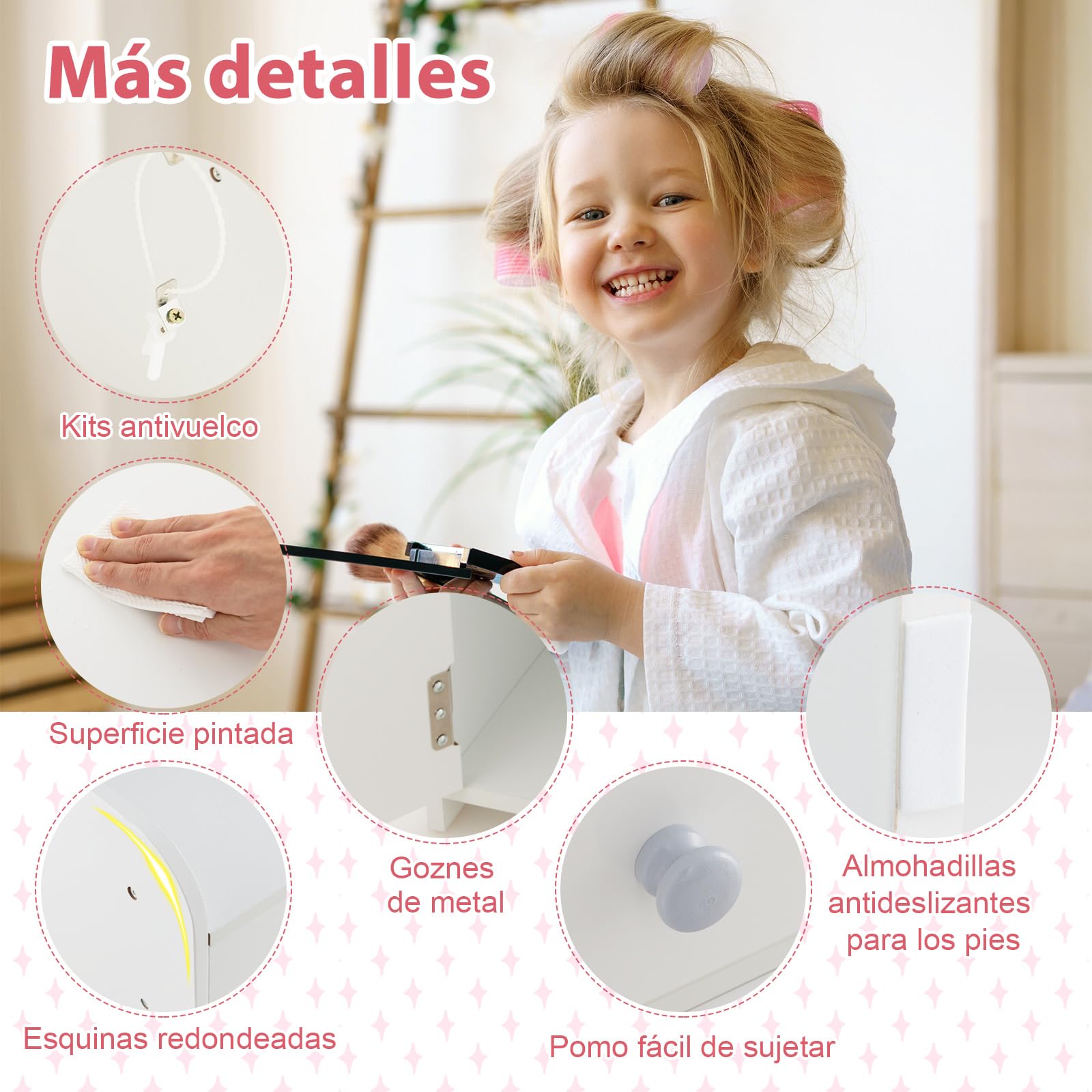 COSTWAY Tocador de Maquillaje Niña con Luces LED 2 Colores, Mesa y Silla para Niños, Espejo Acrílico Blanco