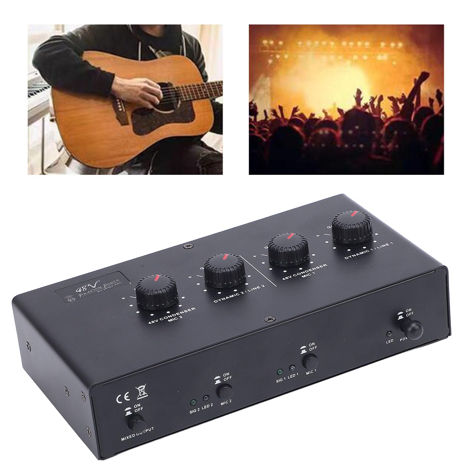 48V Power Mic Amplifier, Universal 2 Channel 48V Power Supply USB 5V DC Powered Dual Input Output for Dynamic Condenser Microphones Guitars with BT Connection Low Distortion High