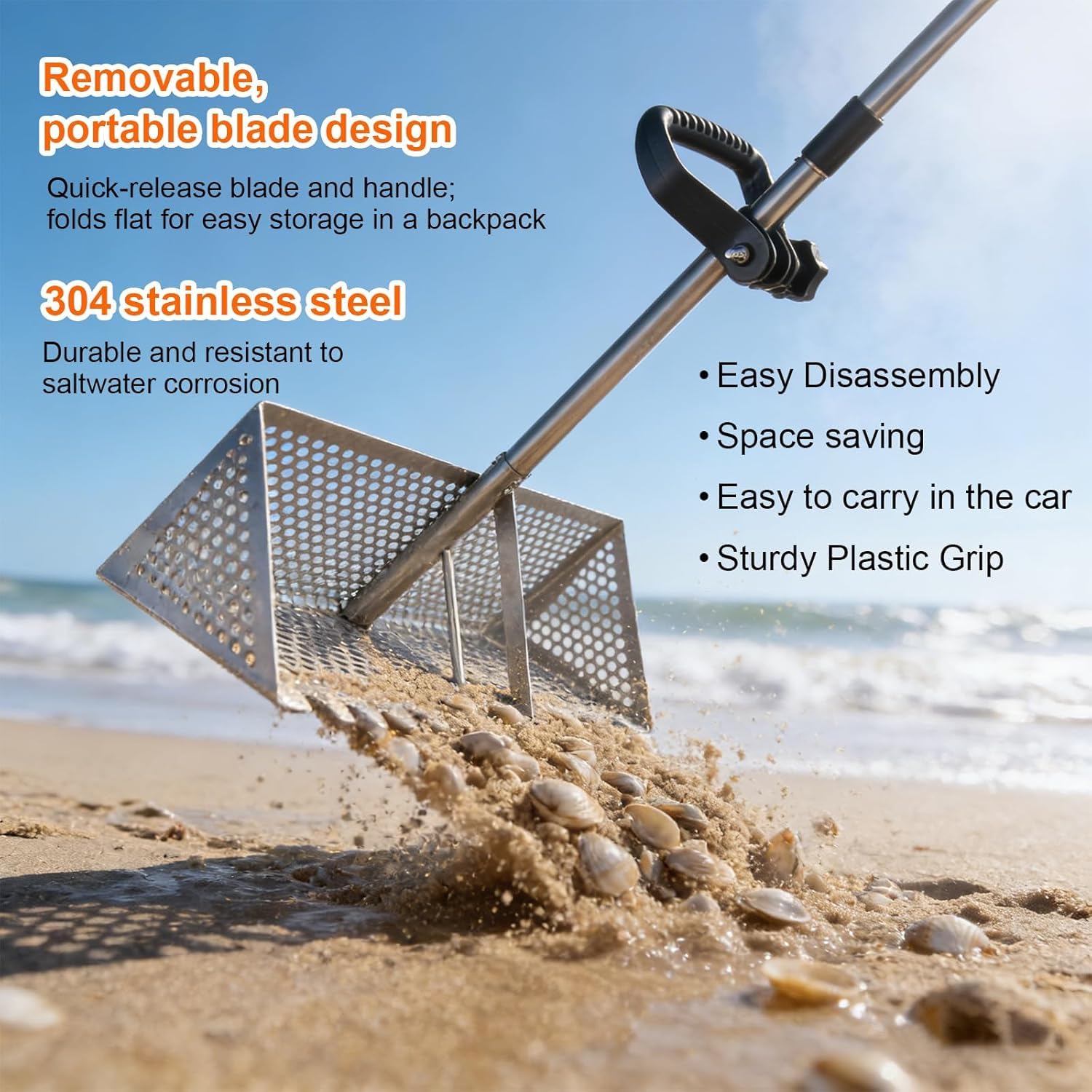 Râteau de Puce de Sable en acier inoxydable - Tamis de Sable de Plage avec Grand Panier à Dents de requin de 20×40 cm, Tamis Détachable Râteau de à Poignée Longue Détachable pour Plage