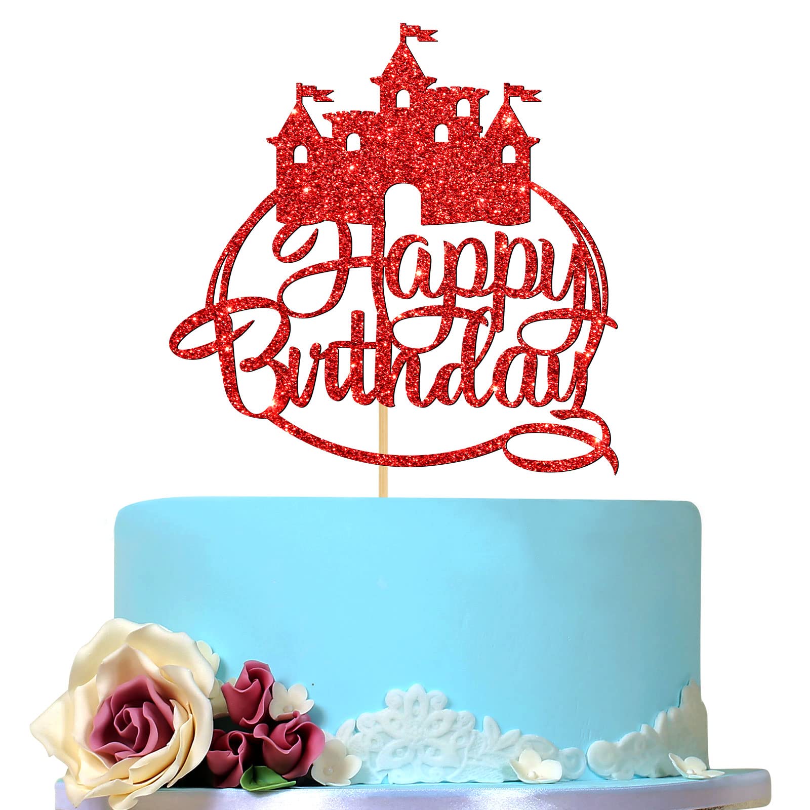 Buy Red Glitter Castle Happy Birthday Cake Topper, Princess Prince 1st