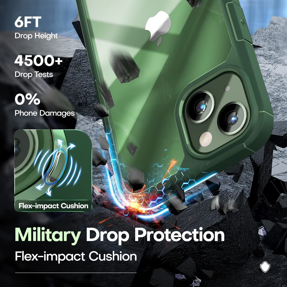 TAURI 5 in 1 Compatibile con Cover per iPhone 13, con 2 Pellicole in Vetro Temperato + 2 Pellicole per Fotocamera [Protezione Militare] Custodia Anti-shock e Anti-ingiallimento - Verde