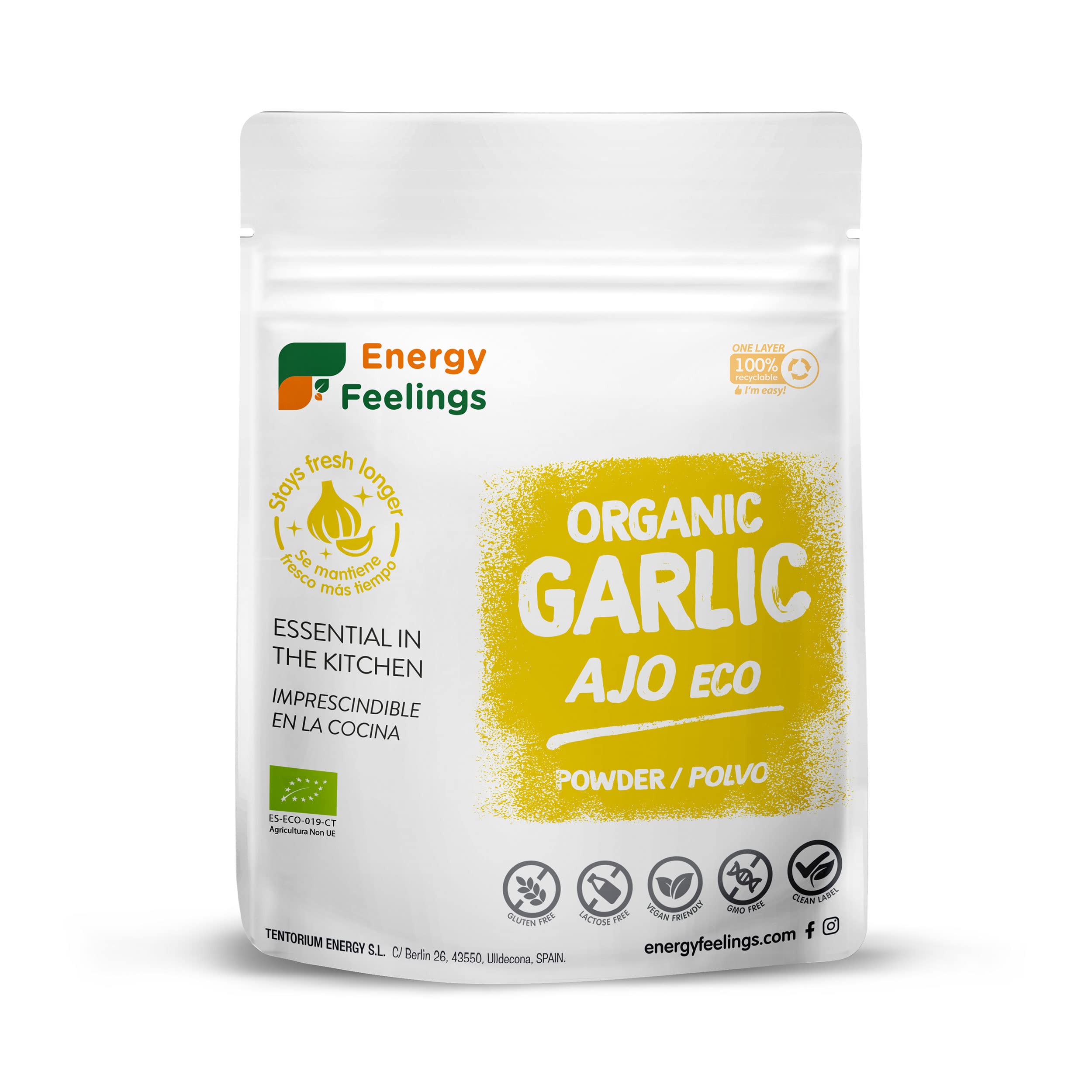 Energy Feelings Ajo en Polvo Ecológico Deshidratado 200g, Ajo Molido Granulado Molida Bio 100% Natural Sin Aditivos ni Azúcares Añadidos Vegano Sin Gluten, Ideal como Especia para Cocinar