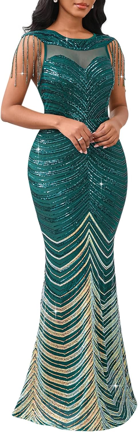 Cololura Women Sexy Sequin Tassel Mesh Perspective Gold Threads Patchwork Bodycon Party Cocktail Evening Gown Dress