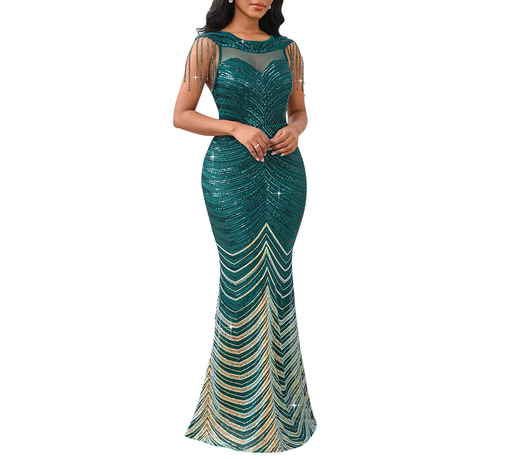 Cololura Women Sequin Mesh Bodycon Formal Maxi Evening Gown Cocktail Dress