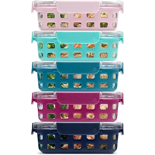 Ello Duraglass 3.4 Cup Meal Prep Sets 10Pc, 5 Pack Set- Glass Food Storage Container with Silicone Sleeve and Airtight BPA-Free Plastic Lids, Dishwasher, Microwave, and Freezer Safe, Evening Orchard