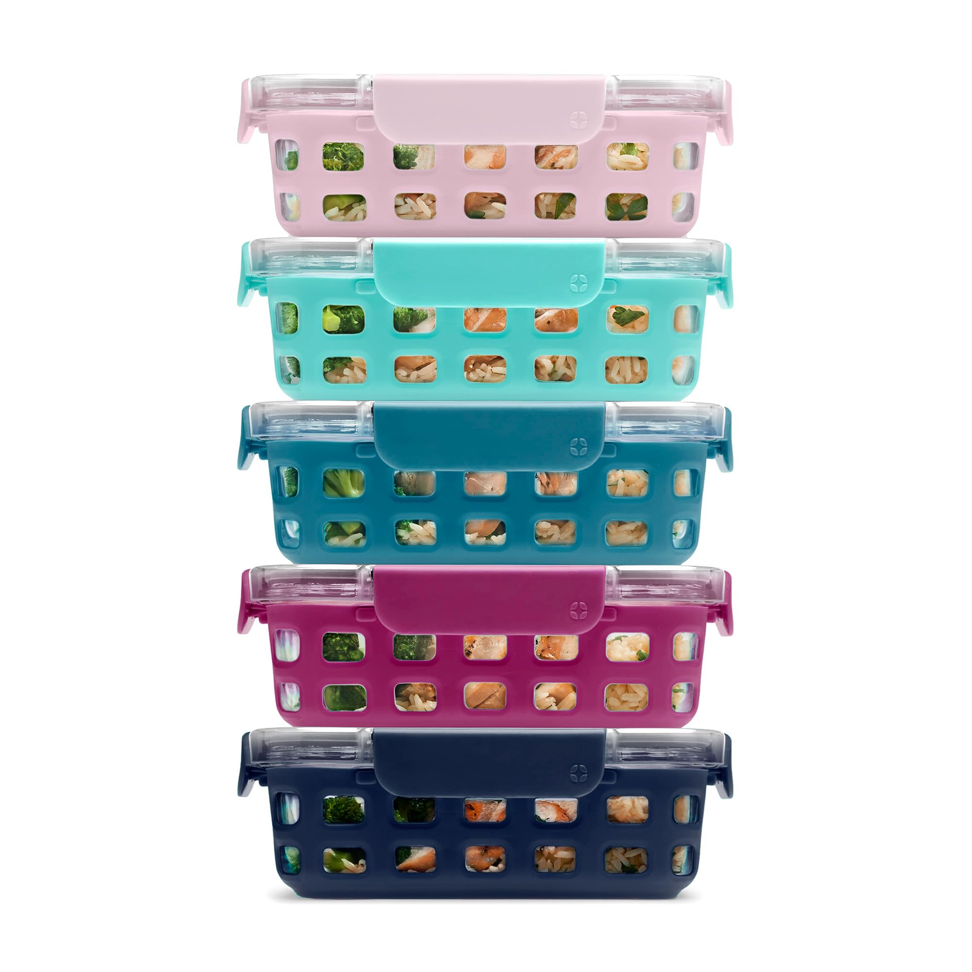 Ello Duraglass Glass Food Storage Meal Prep Containers - Glass Food Storage Meal Prep Bowls with Silicone Sleeve and Airtight Lids, 10 piece 5 pack, Evening Orchard