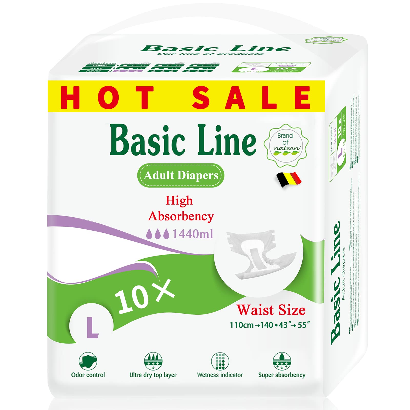 NateenBasic Incontinence Briefs Adult Diaper,Large,Waist Size 110-140cm,10 Count Adult Diapers,Briefs with Quick Absorption Layer, Leak Proof，More Than 1440ml Absorbency.