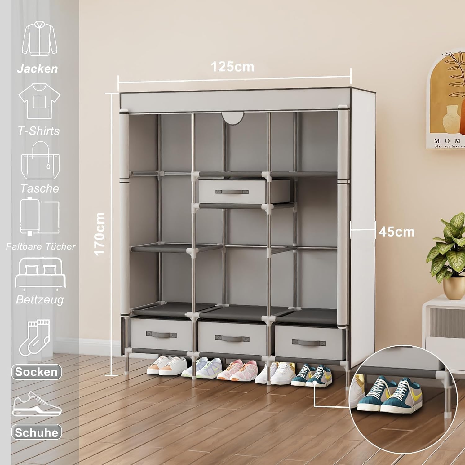 Armario de tela para dormitorio, perchero con cajones, 19 mm de grosor, armario estable para dormitorio, 125 x 45 x 170 cm