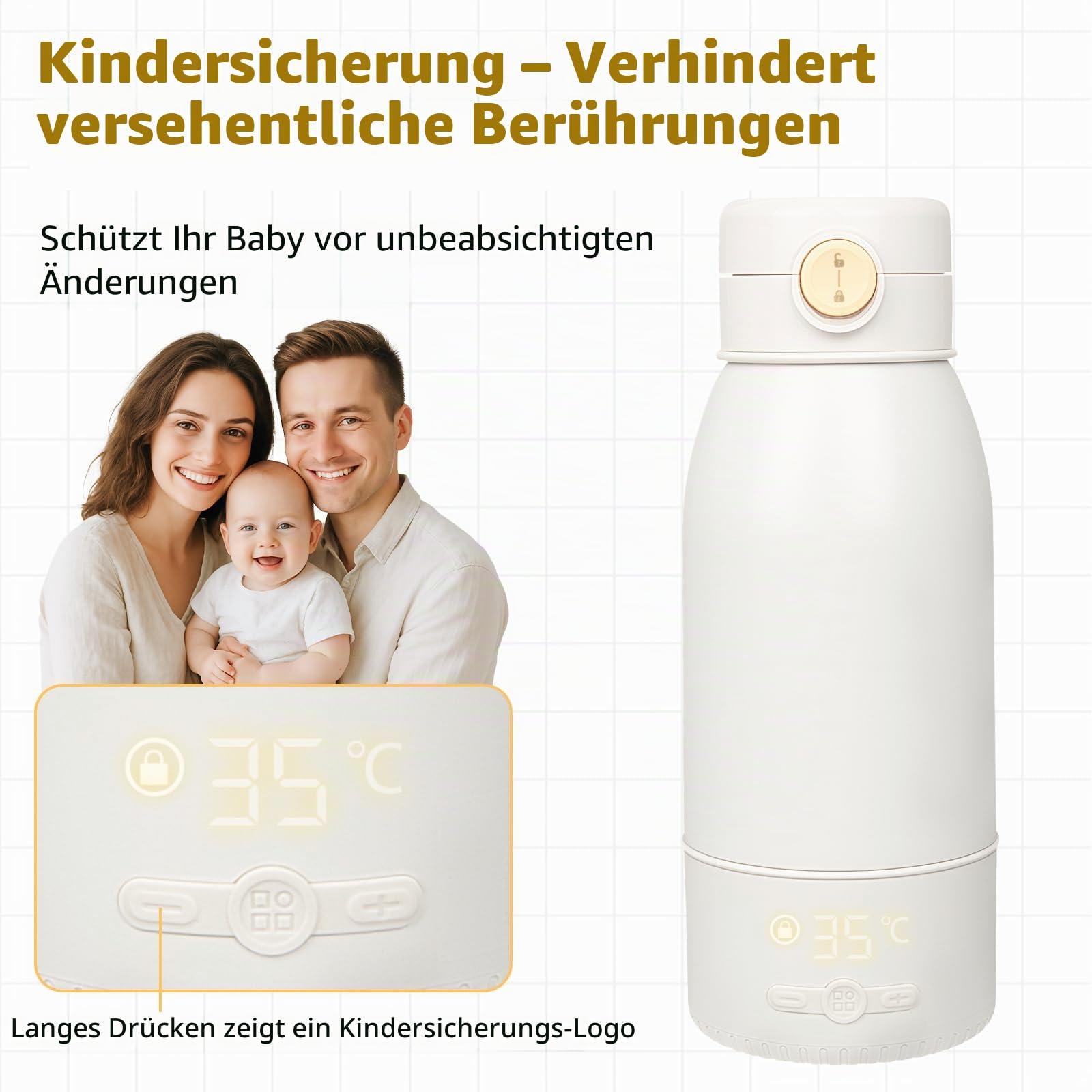 Tragbarer Flaschenwärmer Baby Unterwegs - Große 500ml Kapazität, Pasteurisierung, Kindersicherung gegen, 24 Stunden konstante Temperatur für den Ganzen Tag, Schnelles Aufheizen Muttermilch und Wasser | Große 500ml Kapazität, Pasteurisierungsfunktion, Kind