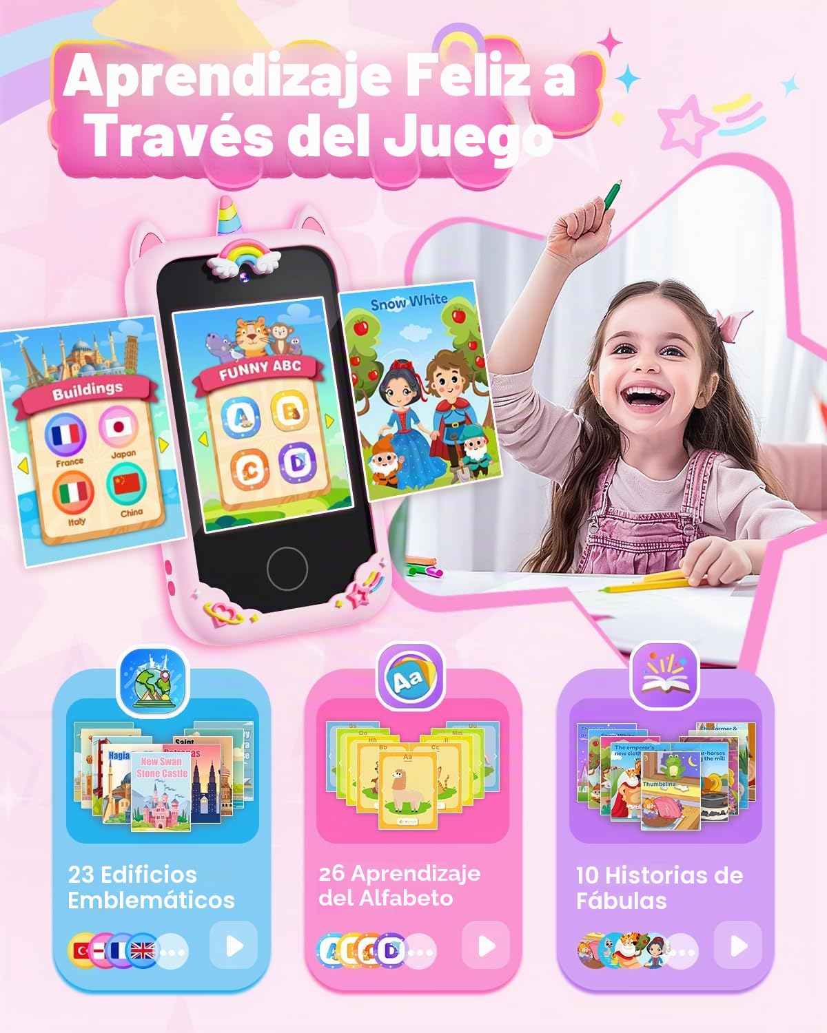 BAISIQI Teléfono infantil para niñas, juguetes de unicornio para niñas de 3, 4, 5, 6, 7, 8 años, regalos de cumpleaños de Navidad, juguetes de aprendizaje para niños de 3 a 8 años, teléfono con cámara