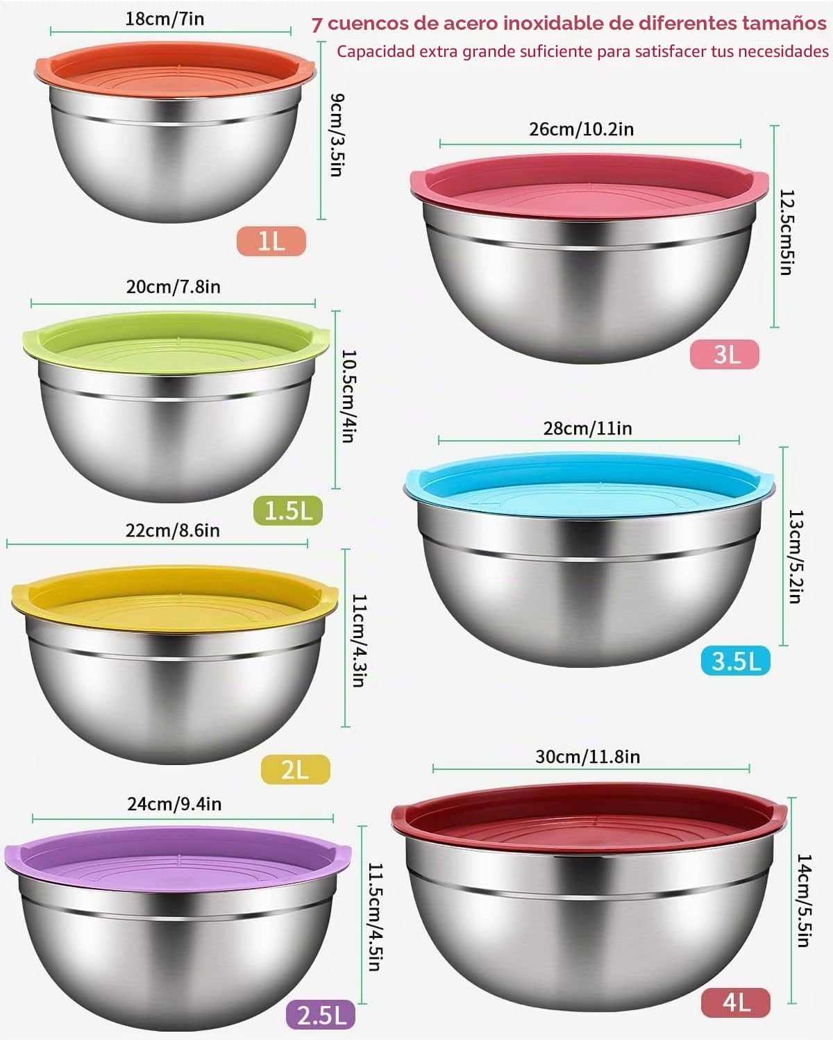 7 piezas Cuencos Mezcladores de Acero Inoxidable con Tapas hermética, juego de ensaladera, 4L/3.5/3L/2.5L/2L/1.5L/1L, Apilable, Cuenco Comida, Cuenco de Cocina para Mezclar y Servir
