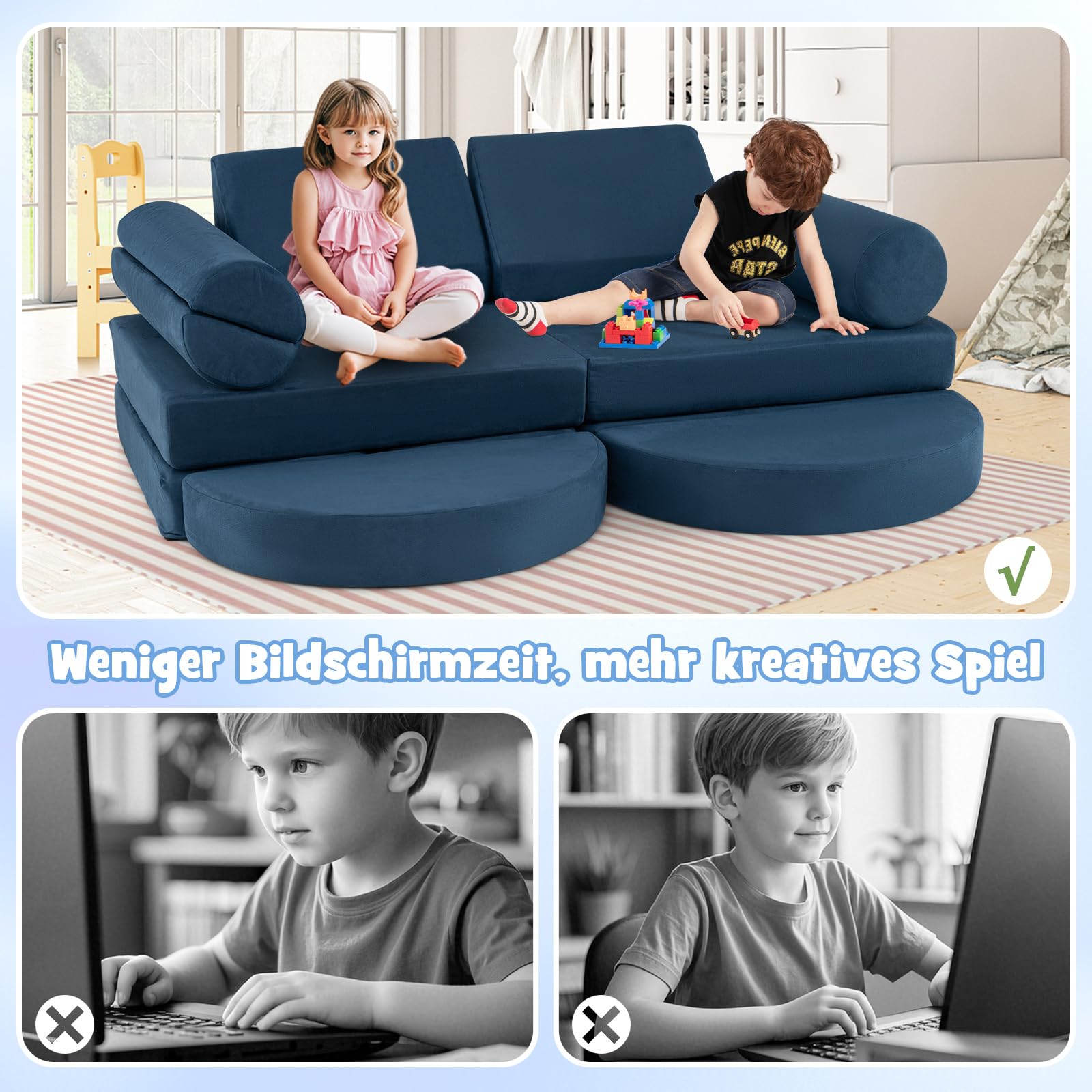 COSTWAY 14-częściowa modułowa sofa dziecięca, do zabawy z pianki, klocków, wspinaczki i raczkowania, rozkładana, do pokoju dziecięcego, pokoju zabaw (granatowa)