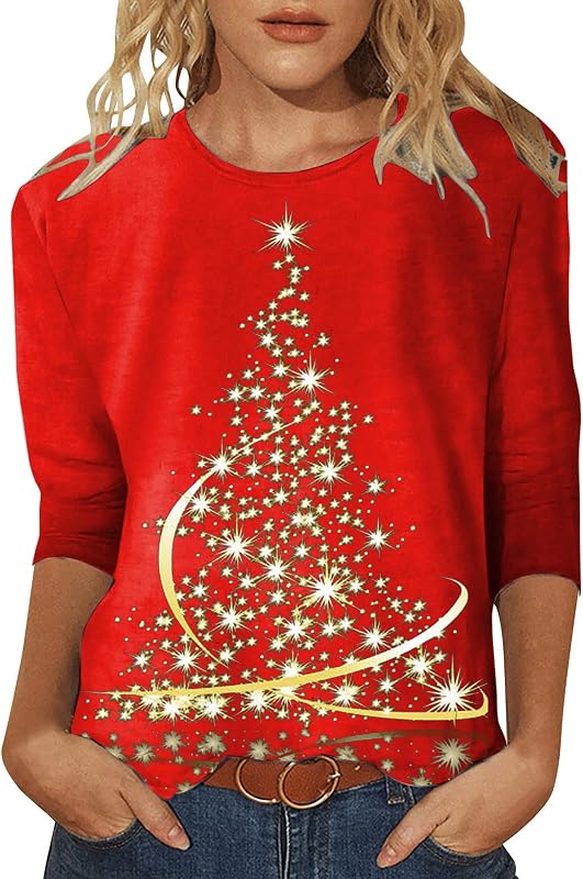 Camisas de Navidad para mujer lindas mangas 3/4 de longitud Tops elegantes casuales cuello redondo sudaderas feas de Navidad suéter blusas