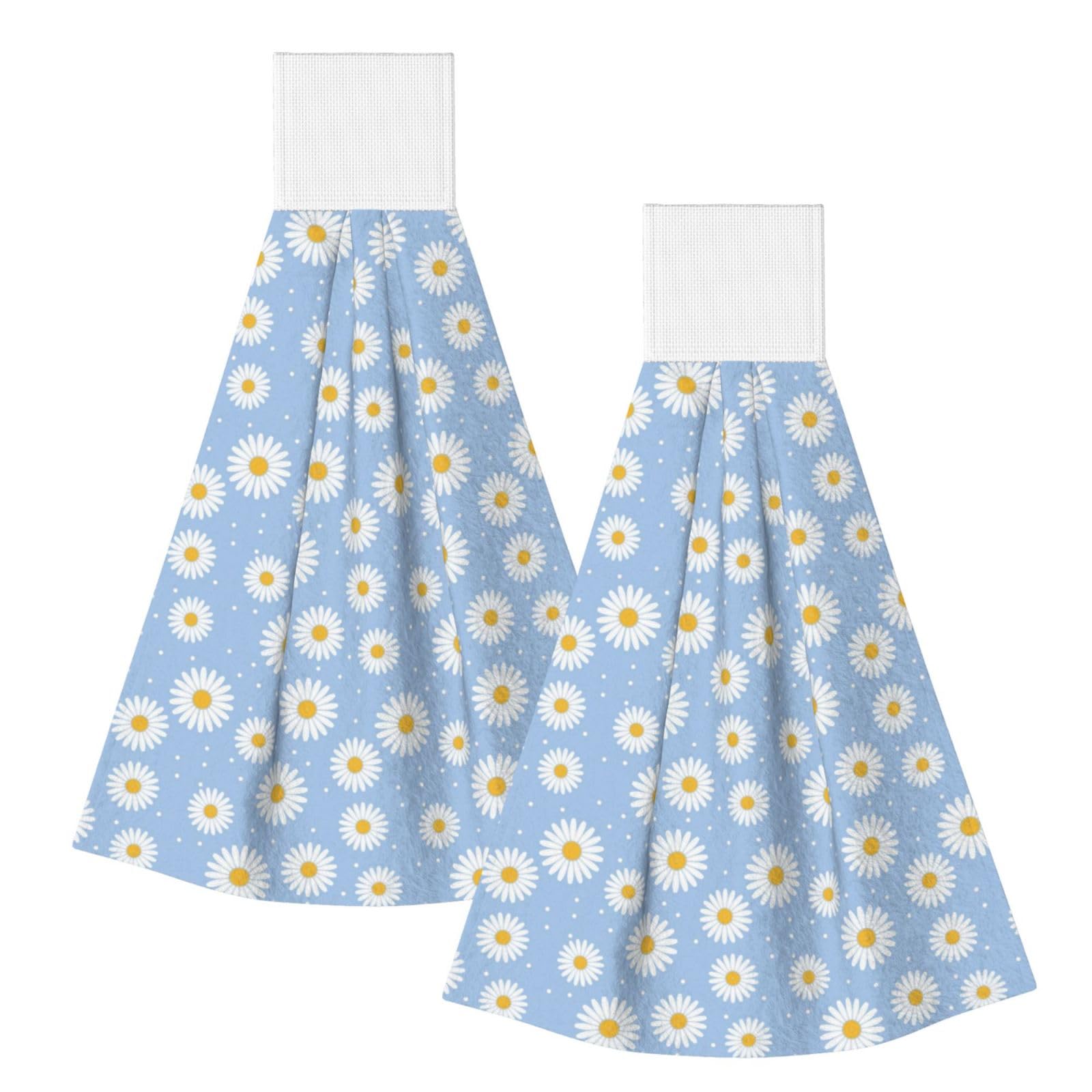 DOPKLNA Daisies On A Blue, 2 Pcs Hanging Coral Fiber Hand Towels for Bathroom, Absorbent Kitchen Towels