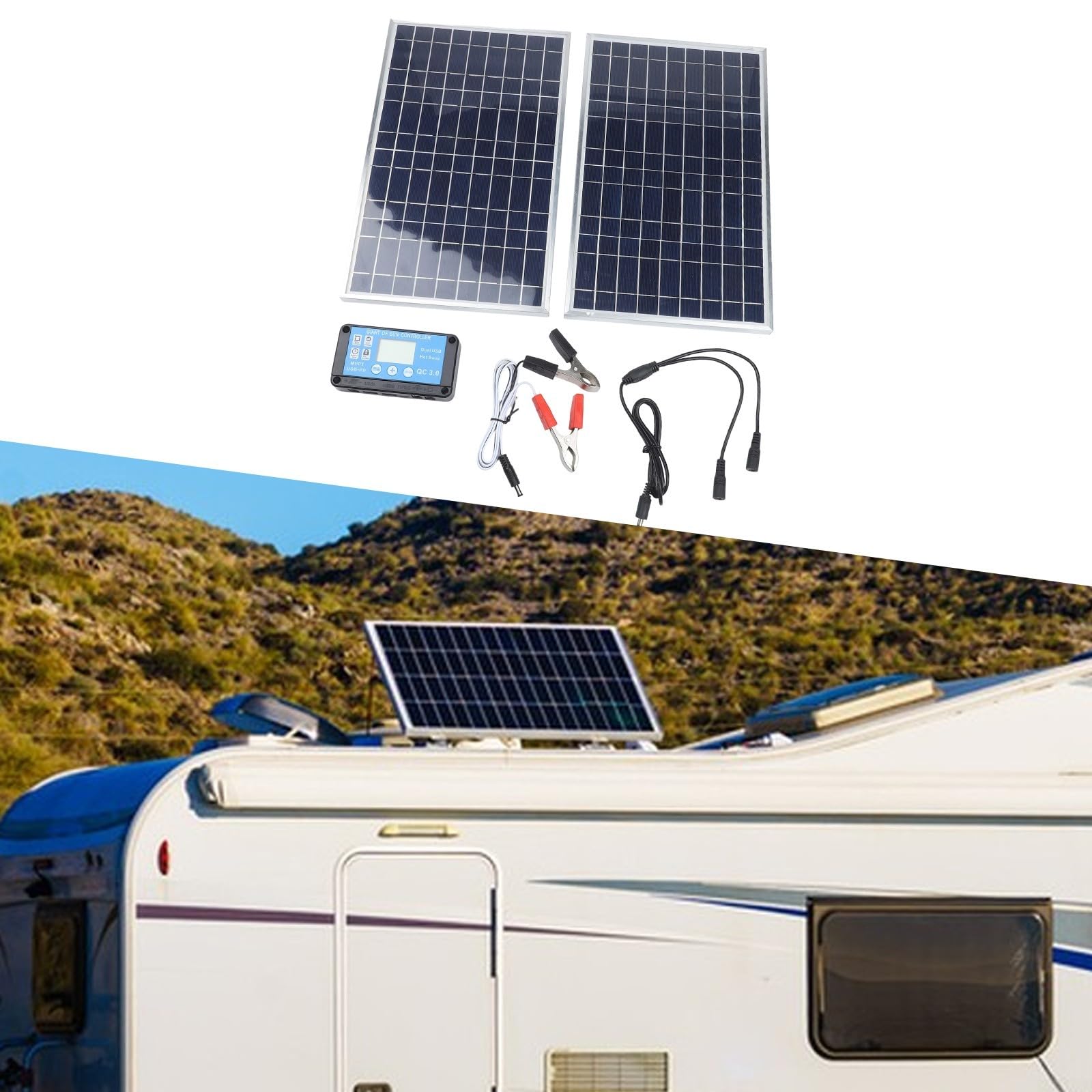 Caricatore solare da 12 V 10 W per camper, barca, auto, trattore, moto, motoslitta, mantenitore, sistema di erogazione di potenza ottimizzato (doppio)