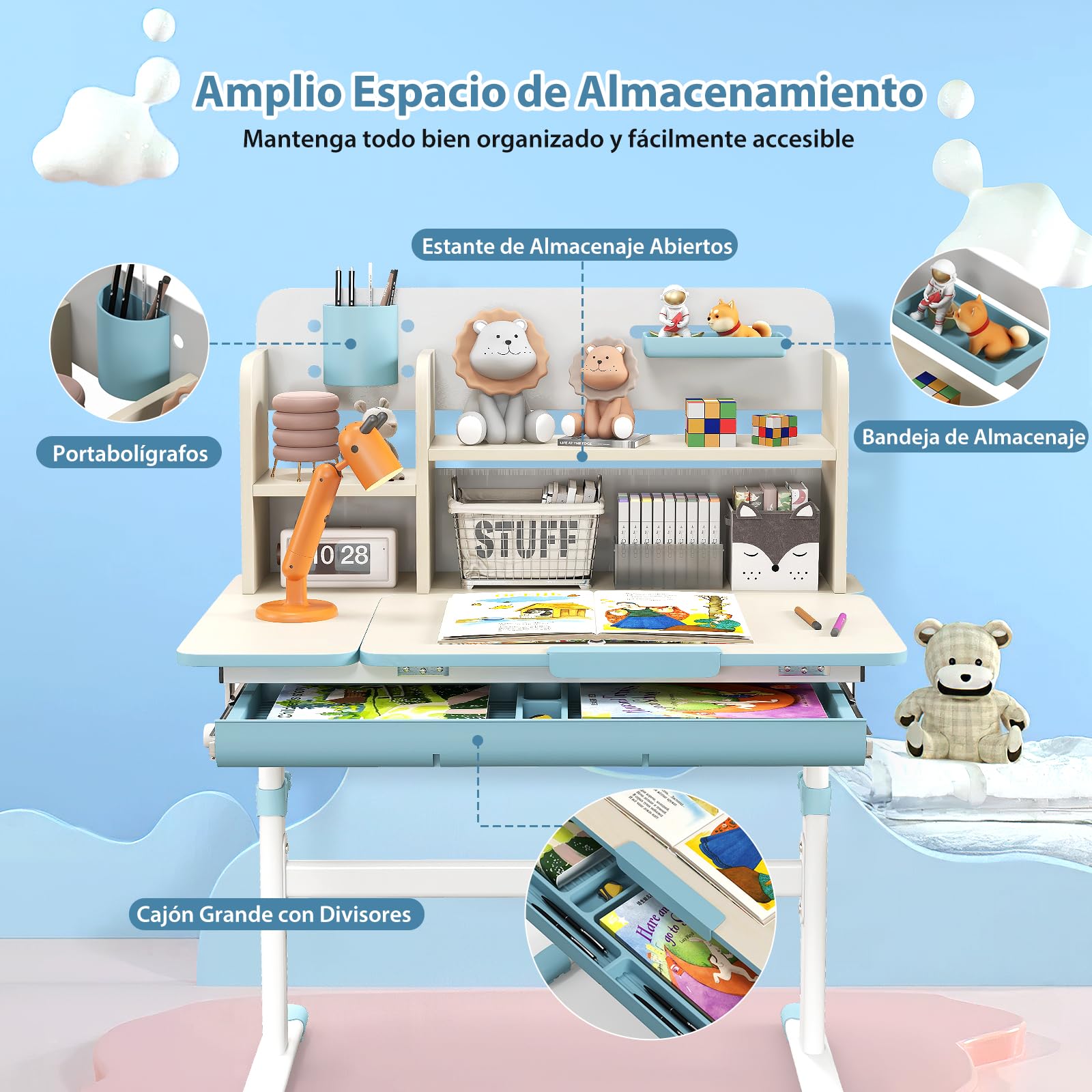 GOPLUS Escritorio de Estudio Infantil Multifuncional con Escritorio Inclinable, Mesa de Estudio para Niños Altura Ajustable, Cajón Extraíble, Soporte para Libros, para Niños de 3-12 Años (Azul)