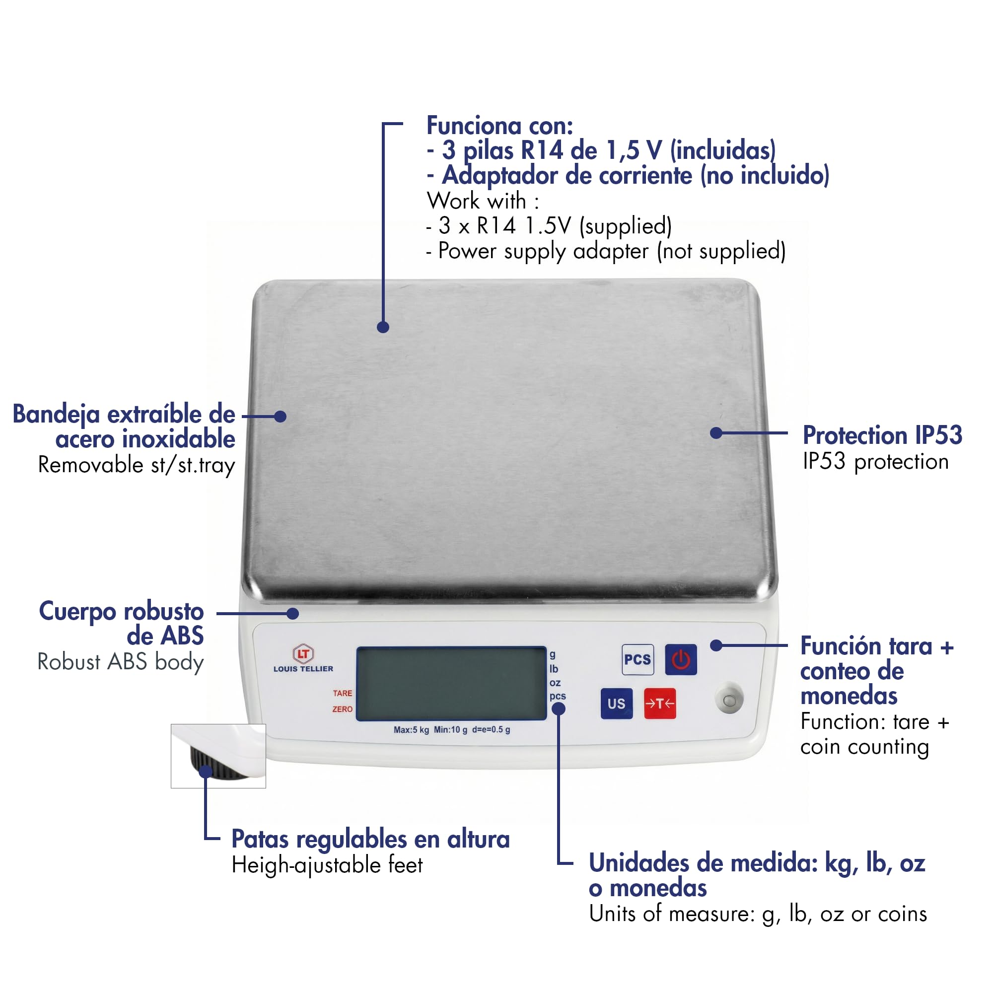 LOUIS TELLIER Báscula Electrónica Profesional 5kg IP53 Precisión 0.5g Bandeja de Báscula Extraíble Cocina Panadería 22x16.5cm