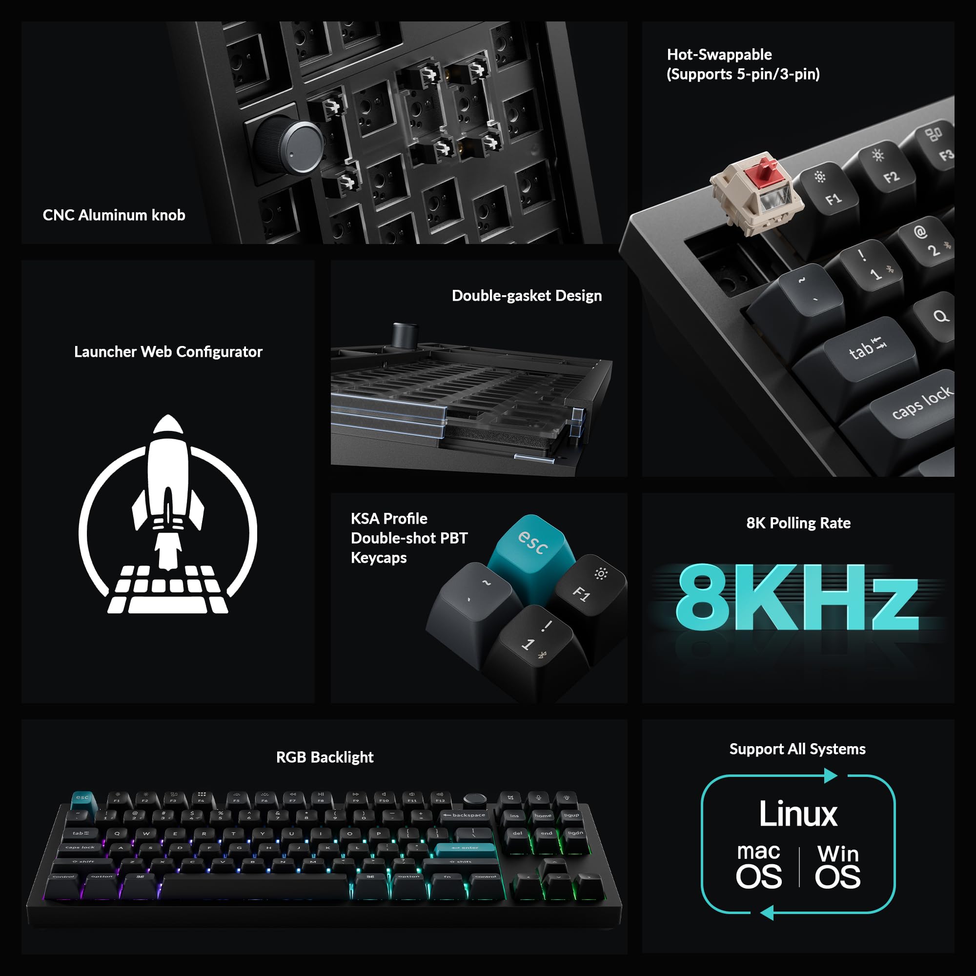 Keychron Q3 Ultra Wireless Mechanical Keyboard 8KHz Polling Rate, TKL 2.4G/Bluetooth 5.3/Wired Up to 660 Hours Long Battery Life, Hot-Swappable Aluminum RGB Gaming ZMK for Mac/Windows/Linux-Black — view 9