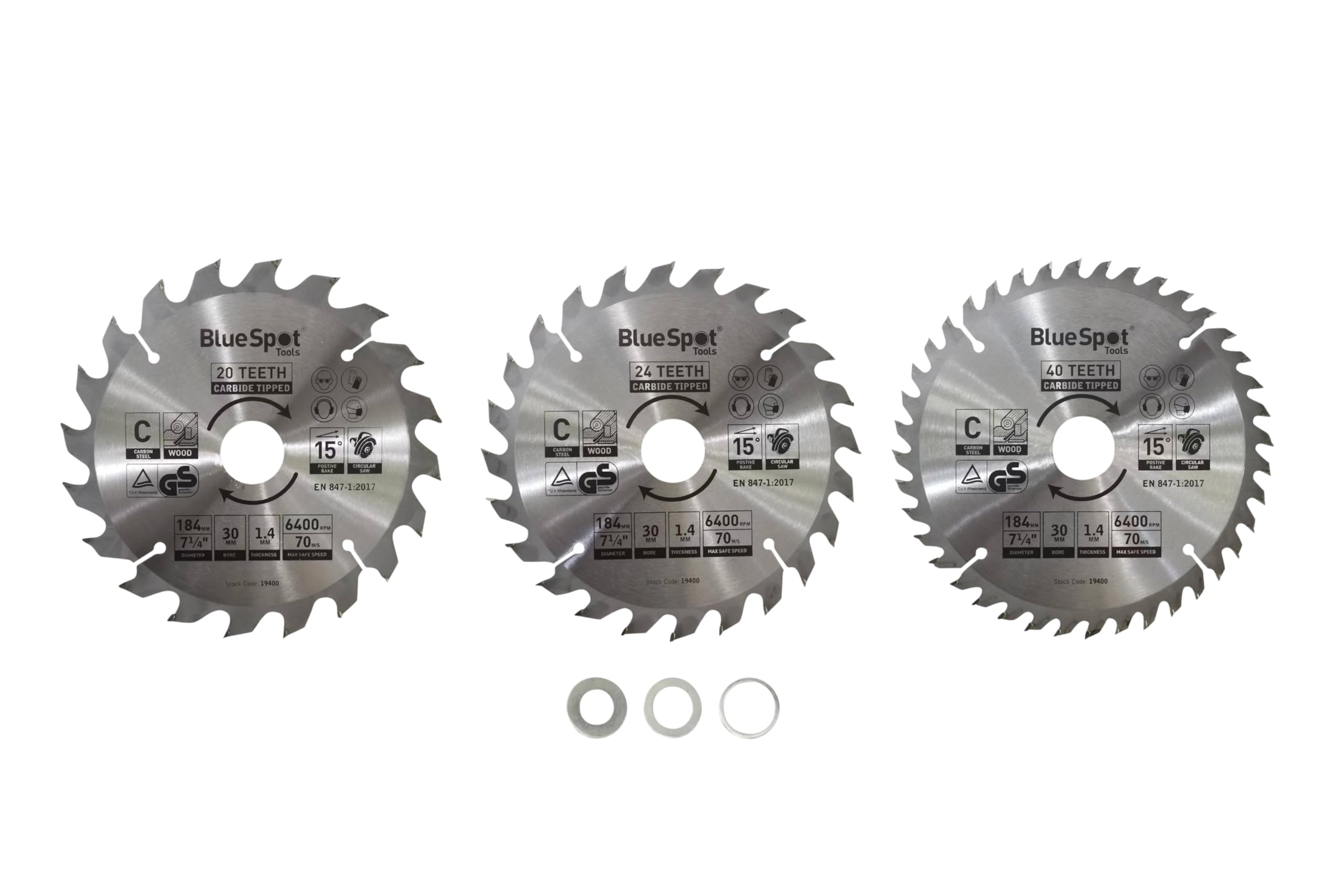 Blue Spot Tools 19400 3 PCE 184MM X 30MM TCT Circular Saw Blades (20, 24 & 40 Teeth), Silver - Image 2