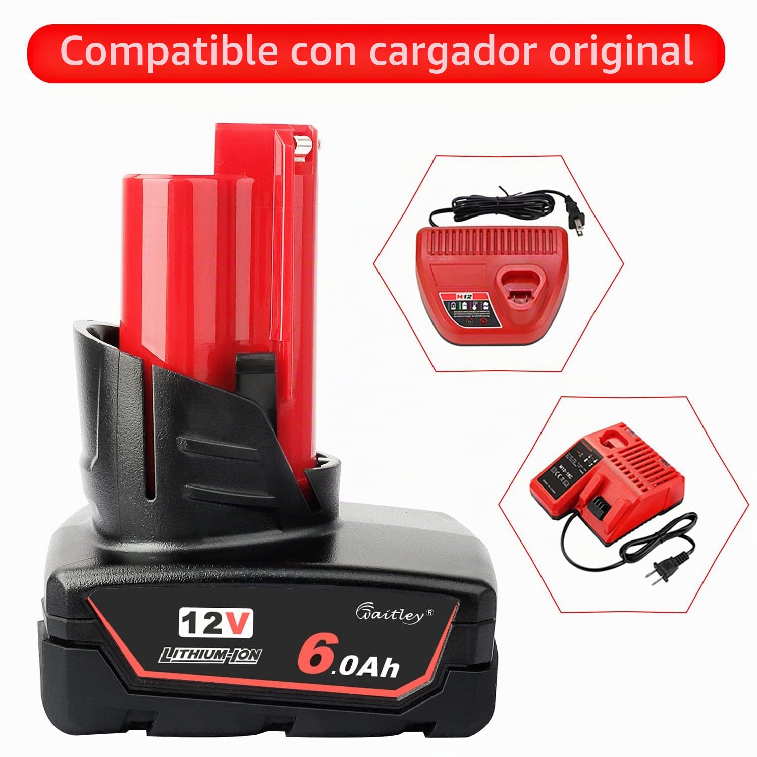 Waitley - Batería para Milwaukee M12 M12B 48-11-2411 48-11-2401 48-11-2420 48-11-2401 48-11-2402 M-12 M12