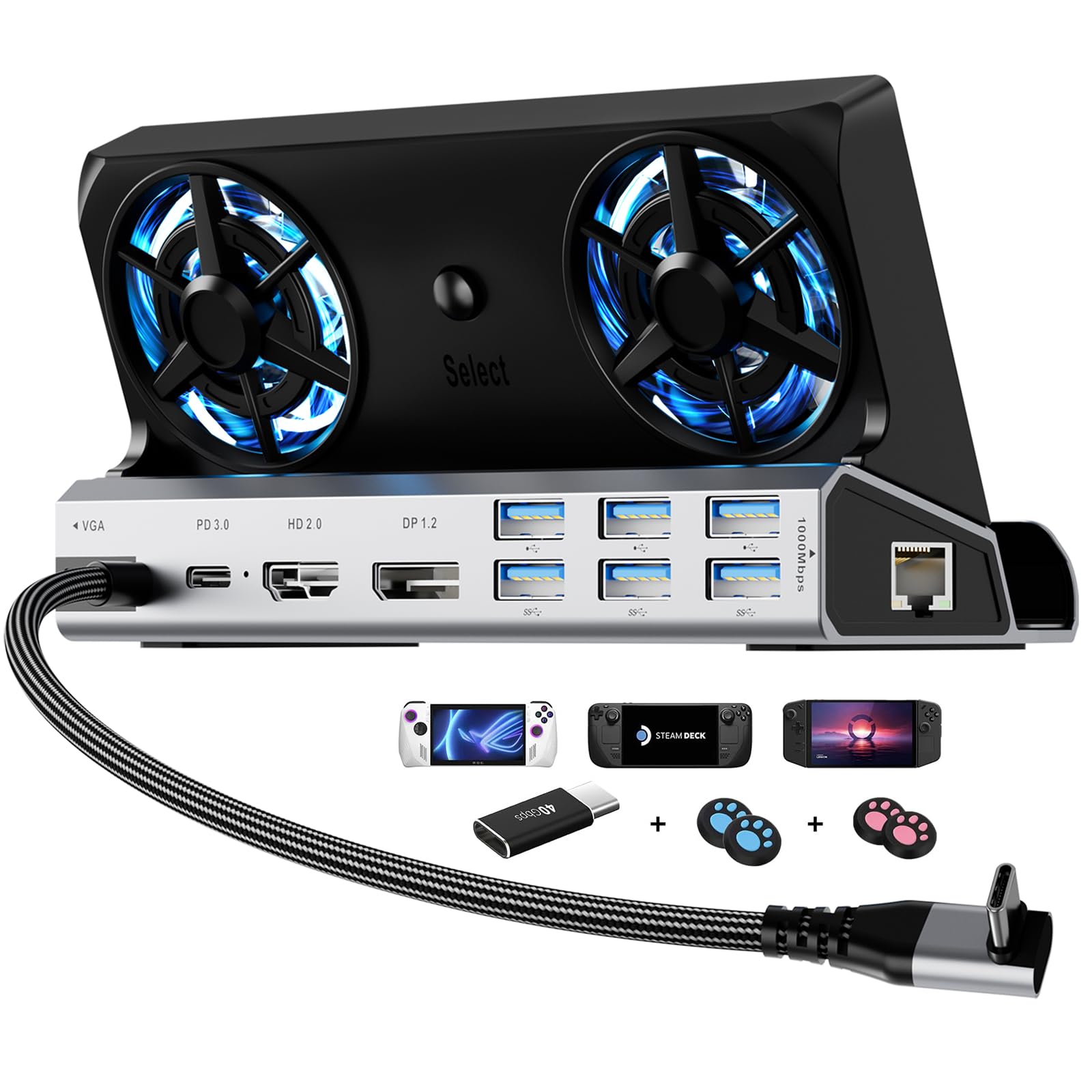 Station d'accueil 14-en-1 YCBUENO pour Steam Deck avec Deux Ventilateurs, Compatible avec Steam Deck & OLED/Nintendo Switch & 2 / ASUS ROG Ally & X/Lenovo Legion Go & S & 2 / MSI Claw,Accessoires
