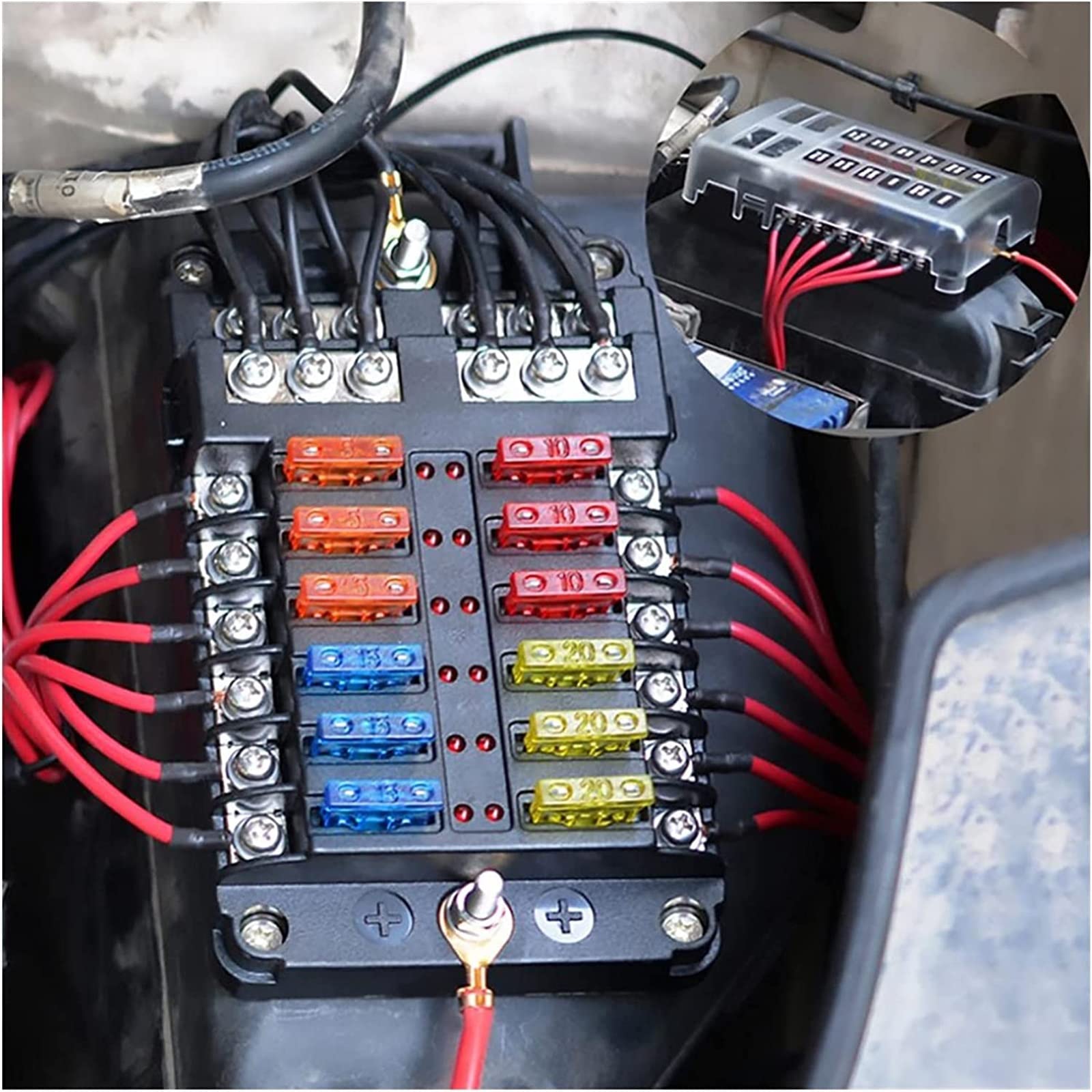 Scatola dei fusibili 6 12 vie, portafusibili, 1 copertura in plastica da 2 V, 32 V, con indicatore LED, protezione della luce per barche da auto (6 vie)