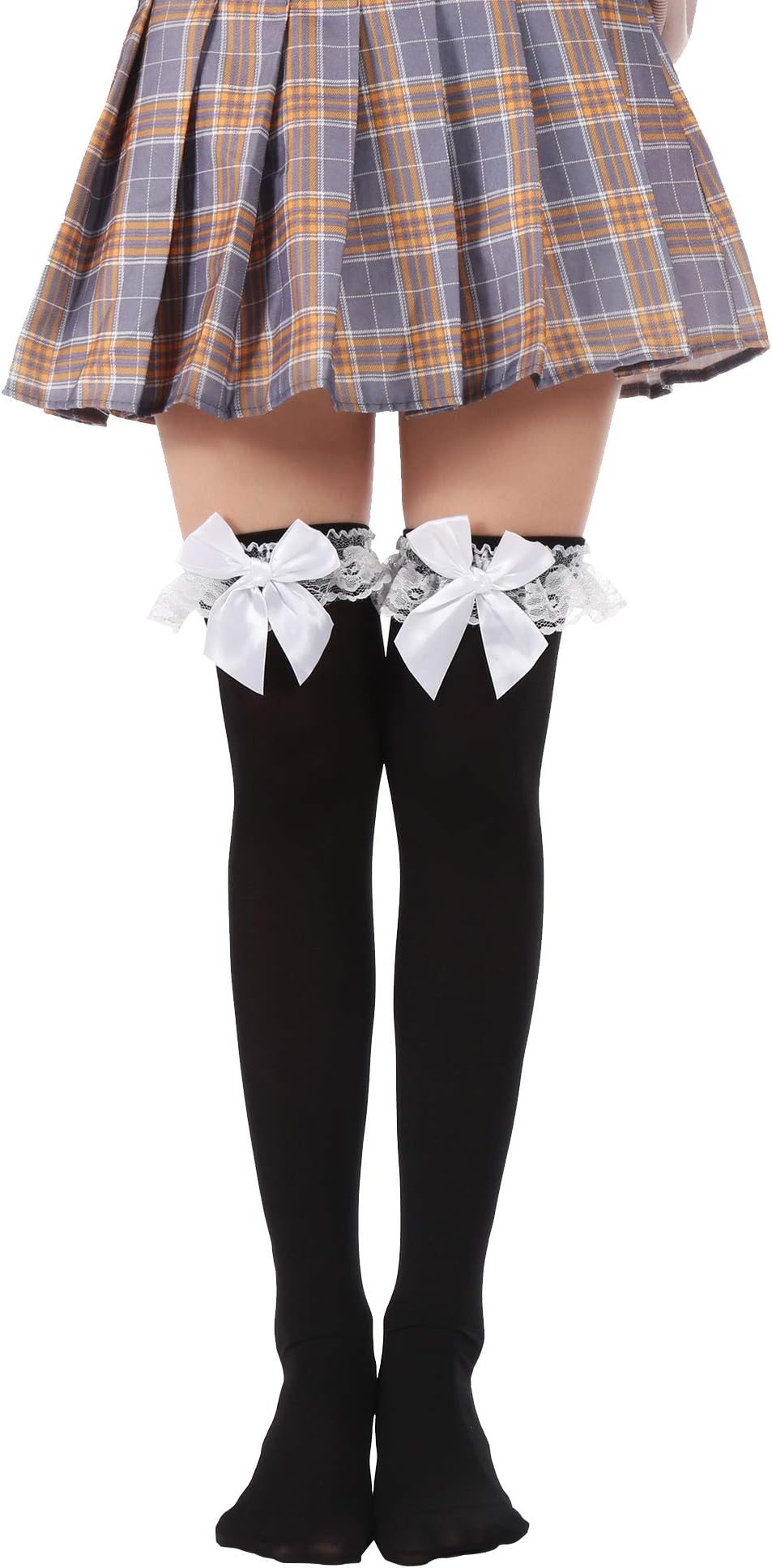 Women Halloween Thigh High Long Stockings Over Knee Costume St. Patrick's Day Tights (01-Black Bowknot White)