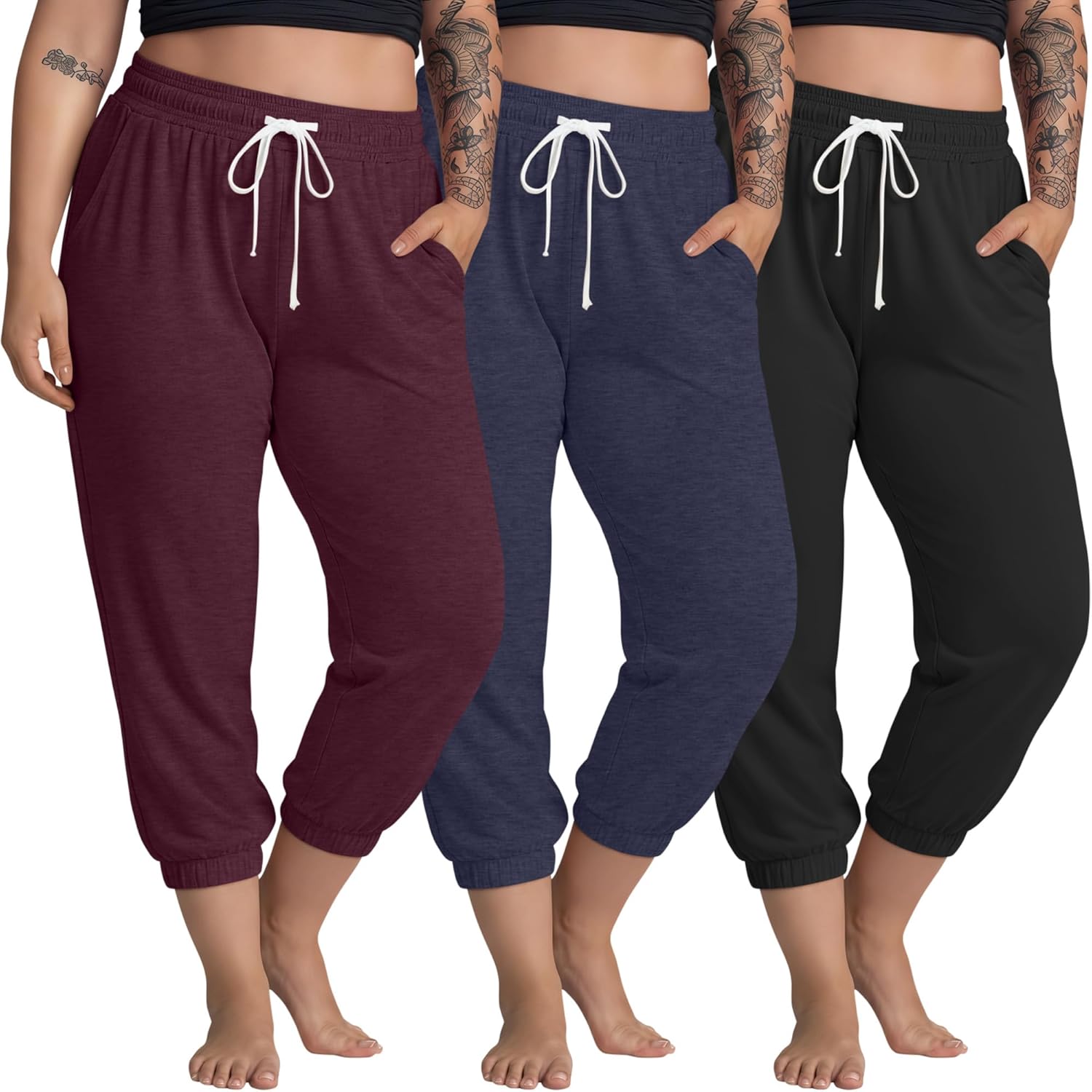 Ficerd 3 Pack Women's Plus Size Capri Sweatpants Cotton Drawstring Joggers Cropped Athletic Lounge Pants with Pockets