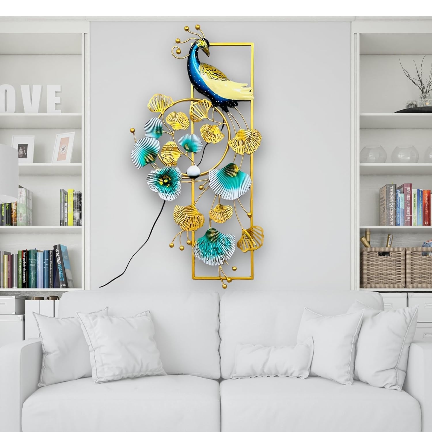 ZXC Modern Peacock Wall Decor With LED light, Metal Frame, Gold