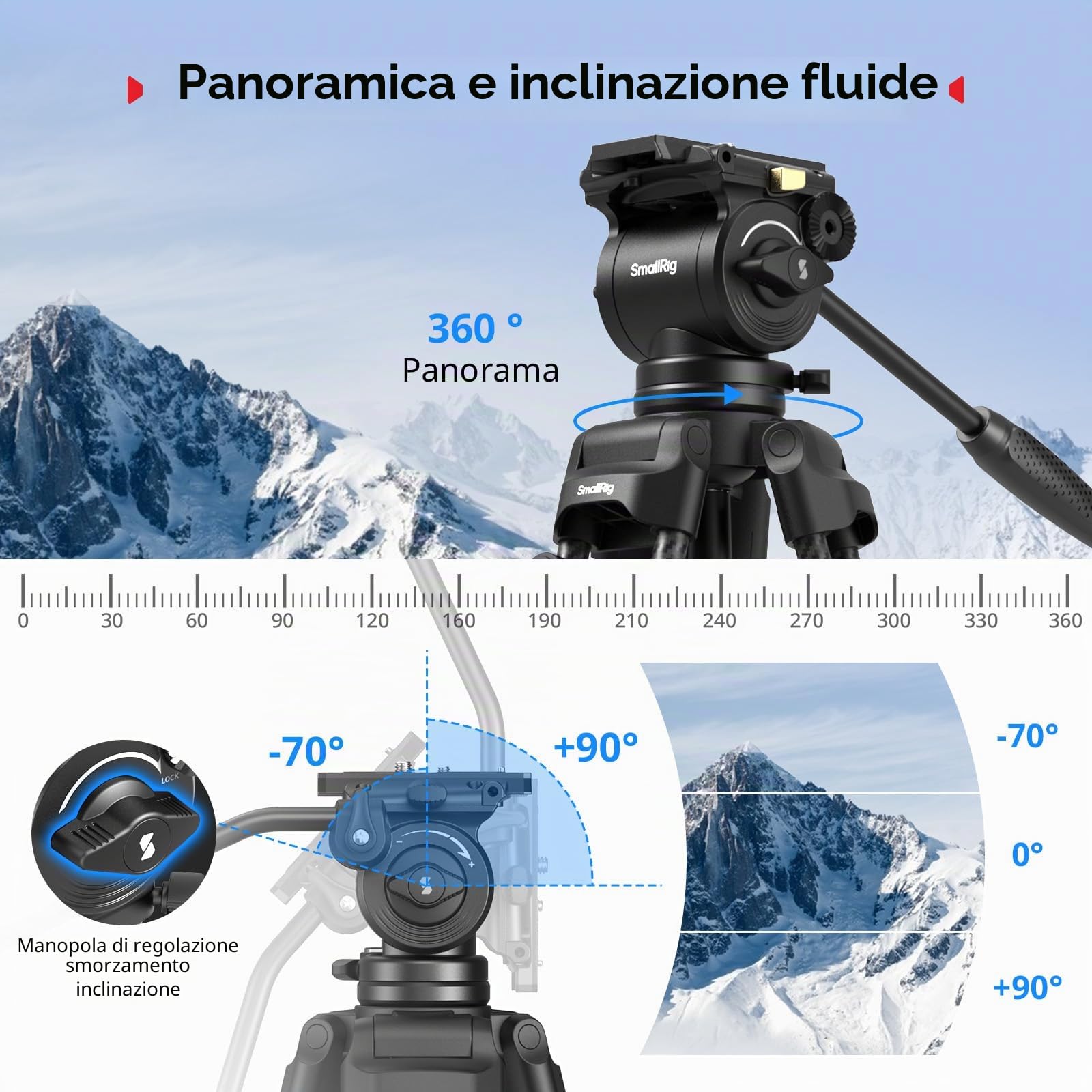 SMALLRIG Treppiede video in lega di alluminio per impieghi gravosi da 73''/186 cm, carico massimo 8 kg, testa fluida con inclinazione da +85° a -78°, peso del treppiede da viaggio compatto 3,1 kg-5441