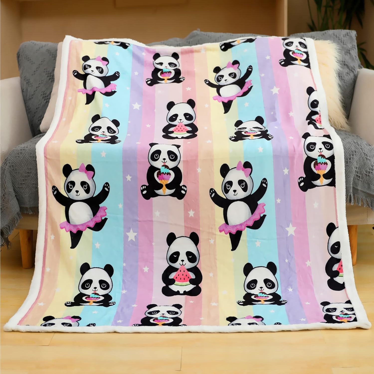 Panda Pattern Flannel Blanket - Super Soft Rainbow Cozy Throw for Girls Kids Teens, Lightweight, Cute Bedding for Home Bedroom Sofa Couch Gift for Pandas Lover (Food Panda, 50x60 Inches)