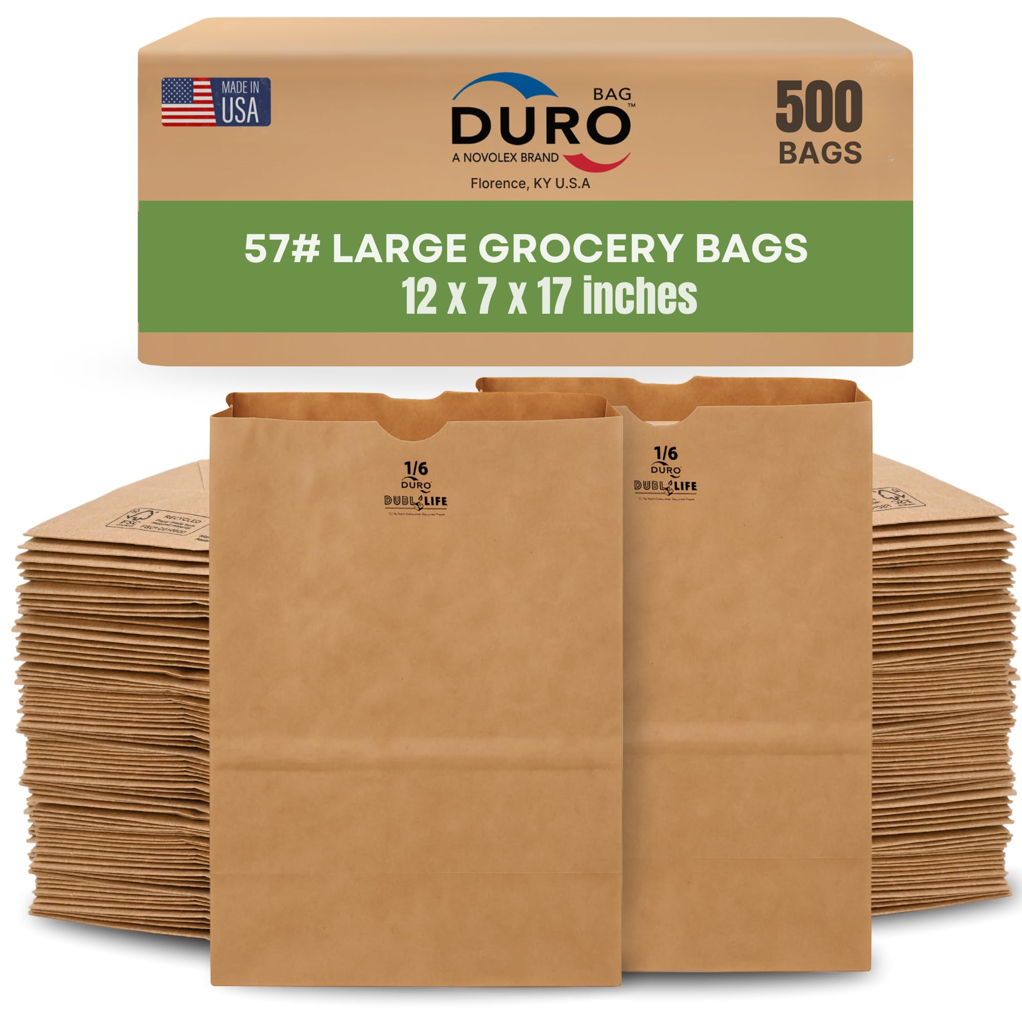 DURO 57# Brown Paper Grocery Bags Heavy-Duty, 12 x 7 x 17 Inches, 500-Count, Large Brown Paper Bags for Grocery Shopping, Food Take-Out, Disposable