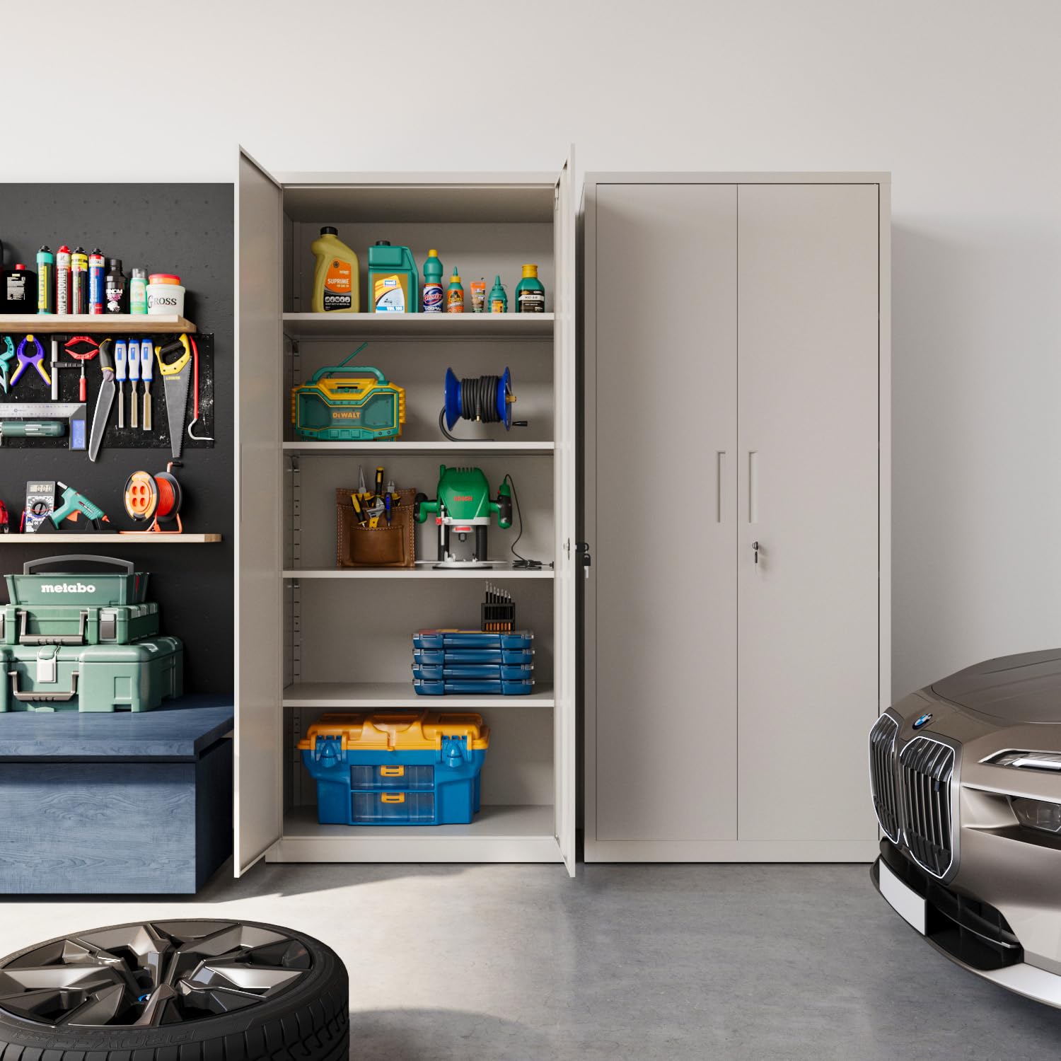 Armadio Armadietto In Metallo Multiuso A Doppia Anta Con 5 Ripiani Regolabili E Chiusura Con Doppia Chiave Mobiletto Per Documenti Strumenti Ufficio Garage Studio 180 x 80 x 40 Cm Grigio Chiaro