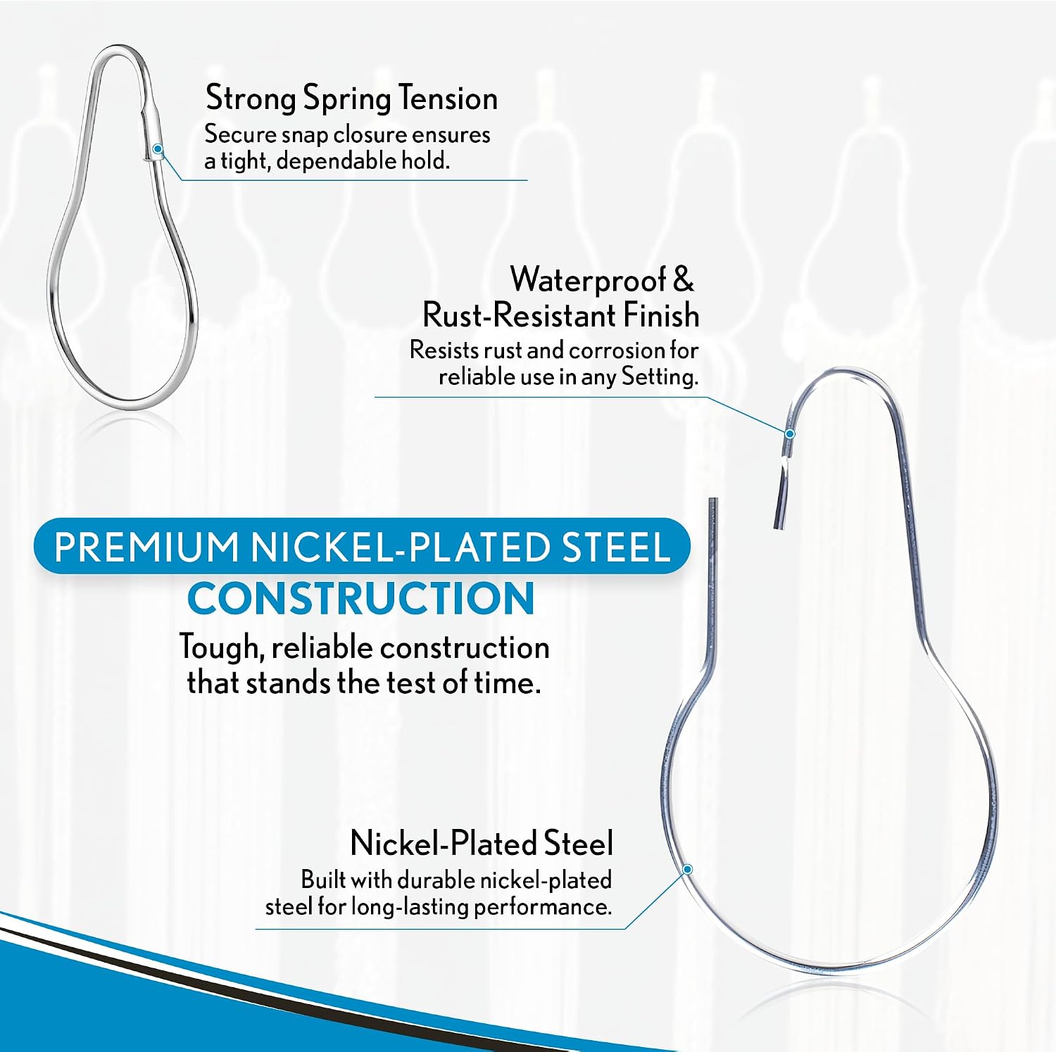 100 Pack Shower Curtain Hooks, 2.5" Metal Shower Curtain Rings, Made of Rust Resistant Nickle-Plated Steel, Pear Shaped Split Rings, Hanging Clips