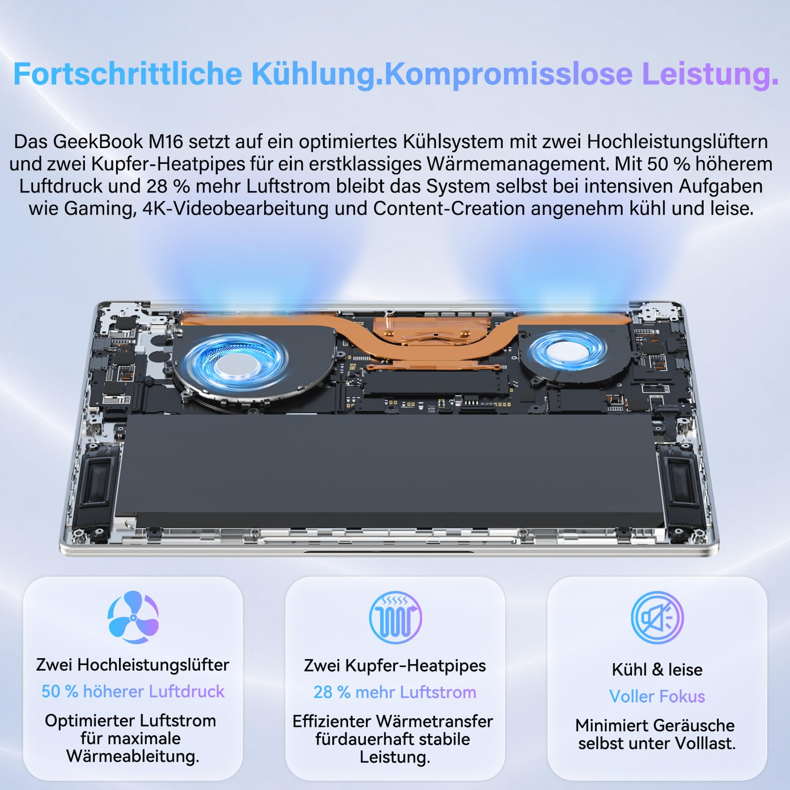 GEEKOM GeekBook M16 Laptop, Ultra 9, 55 W Dauerleistung, 99,9 Wh Notebook | 16″ IPS, USB4, 100 W PD, leise Dual-Lüfter, Fingerprint, Dock inkl., 16GB RAM/512GB SSD, Aluminium, Win 11, Business & Gaming