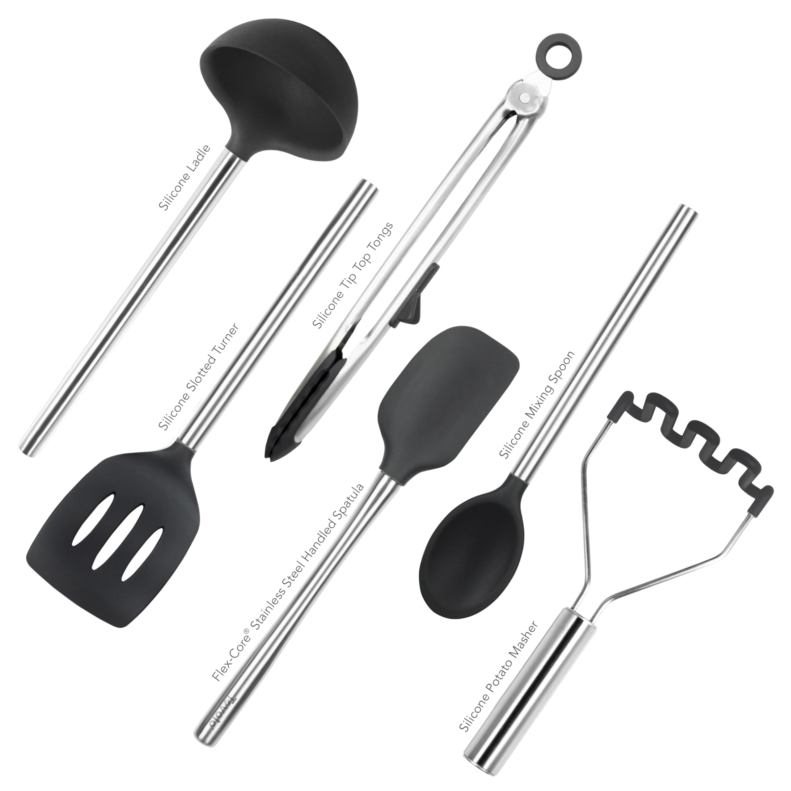 Tovolo 6-teiliges Premium-Silikonutensilien-Set (schwarz): Essentielle Küchenhelfer | Stabile Utensilien für Zuhause, Wohnung oder Studentenwohnheime