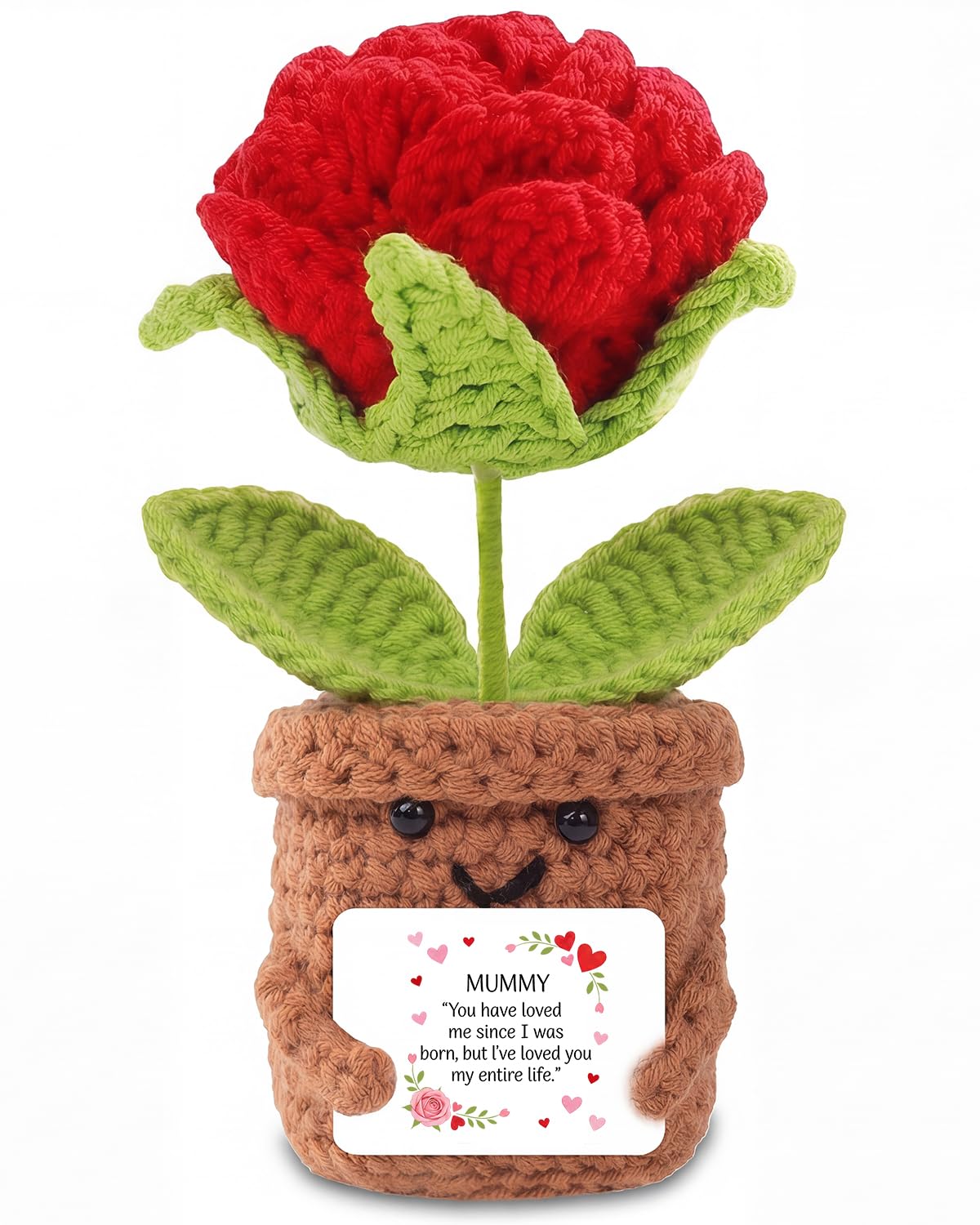 Mothers Day Gift for Mum, Handmade rose pot crochet with Card - 'Loved You My Entire Life' Keepsake Gift for Mummy from Son Daughter Children Kids- Happy Mother’s Day Knitted Decor — image 1