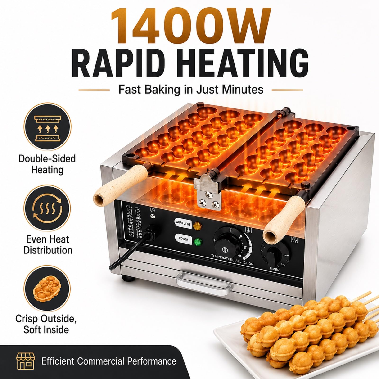 Macchina Professionale Per Waffle Su Stecco Tipo Bubble Waffle, Piastra In Acciaio Inox Antiaderente A 3 Scomparti, Design Girevole A 180°, Timer 0-5 Minuti, Per Bar, Snack Bar E Ristoranti