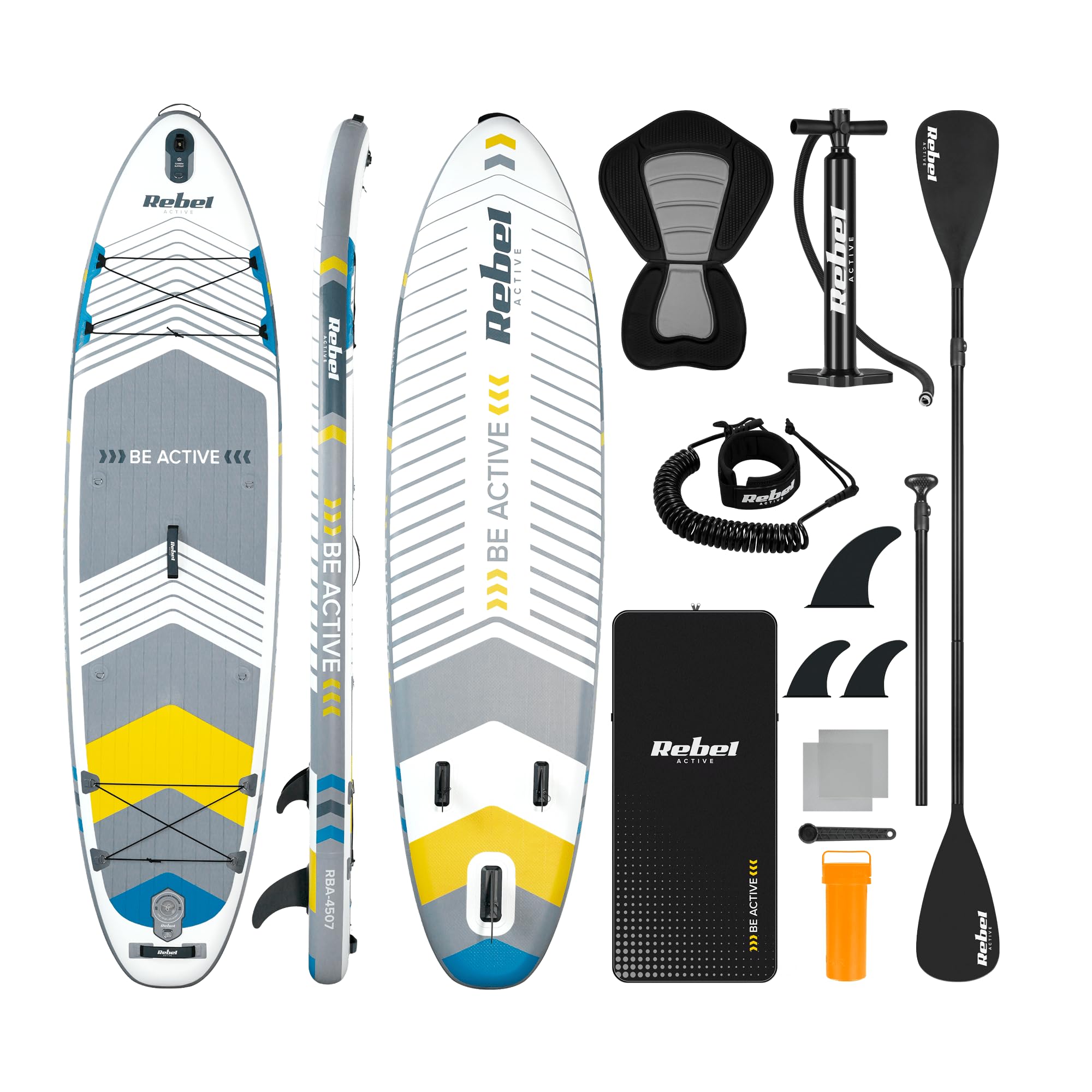 Rebel Electro Deska SUP Pompowana z Siedziskiem do Pływania Drop-Stitch 335 cm Zestaw Wiosło Pompka Plecak RBA-4507-WH