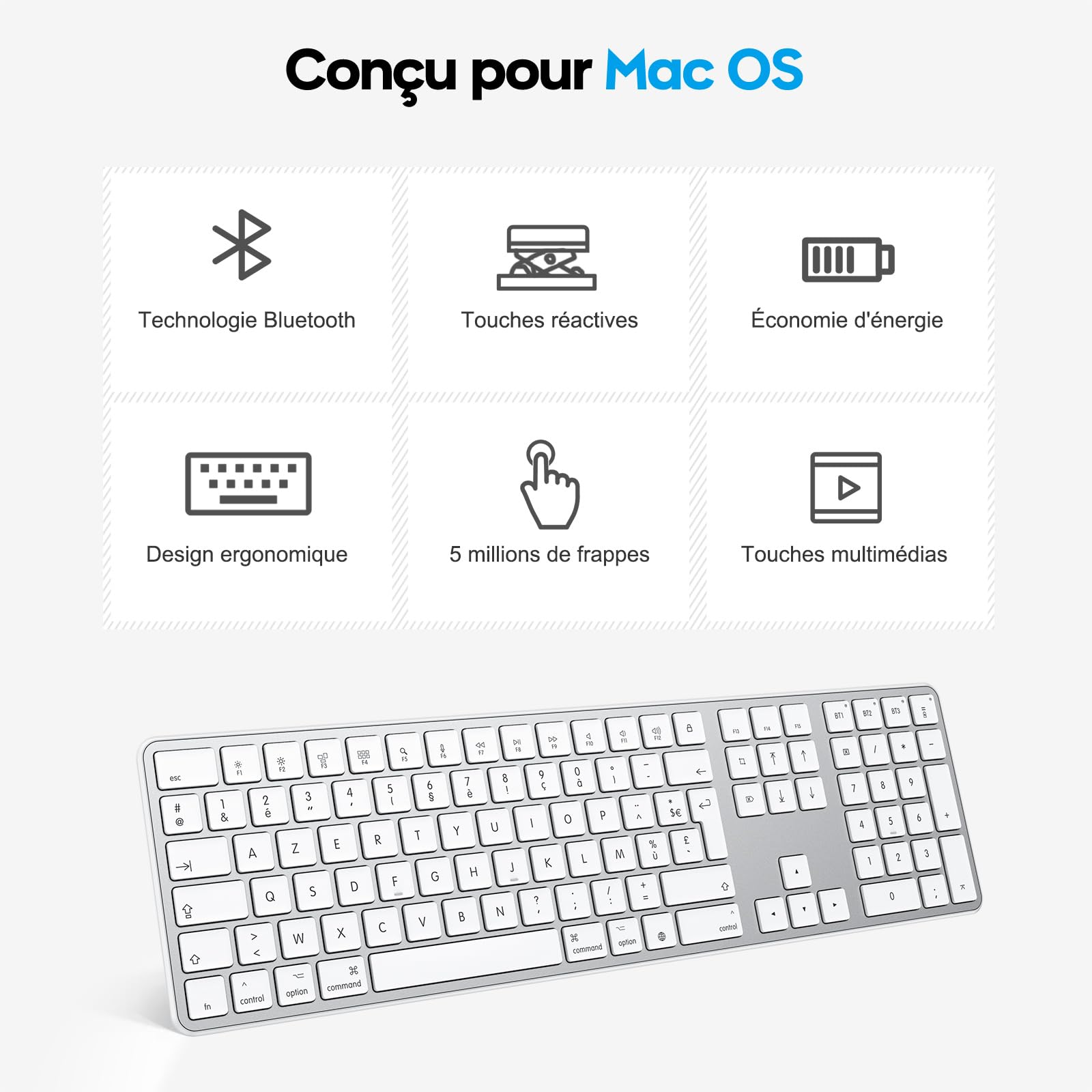 OMOTON Clavier Bluetooth sans Fil pour Mac AZERTY Français, Argent | Rechargeable, Multi-dispositifs avec 3 Canaux Bluetooth pour Apple MacBook Pro/Air, Mac Pro/Mini, iMac