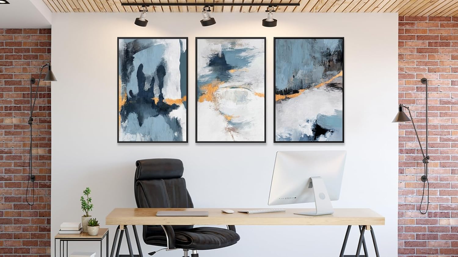 Large Framed Abstract Wall Art - Natural Framed Canvas Pictures for Living Room Modern Canvas Prints Grey Blue for Bedroom, Black Float Frame Art for Home Office Kitchen Decor 24" X 36" X 3pcs - Image 4