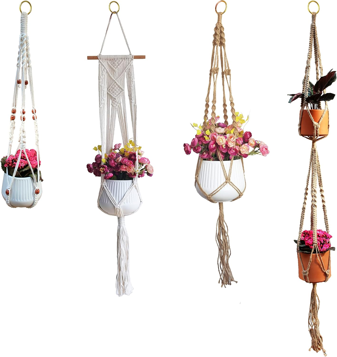 Macrame Plant Hangers 4-Pack Handmade Cotton Natural Jute Plant Pot Holders, Wall Décor Boho Style Home Décor with Hanging Hooks