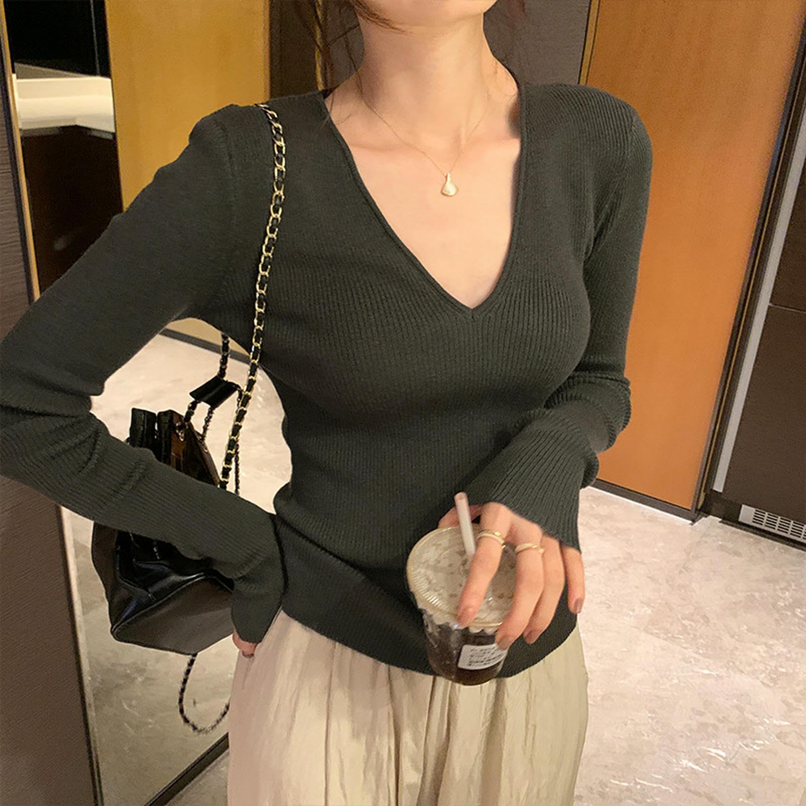 sous-vêtement Thermique Pull d'automne Et d'hiver À Col en V Long Manches Longues avec Une Chemise De Base pour Les Femmes-Noir-m