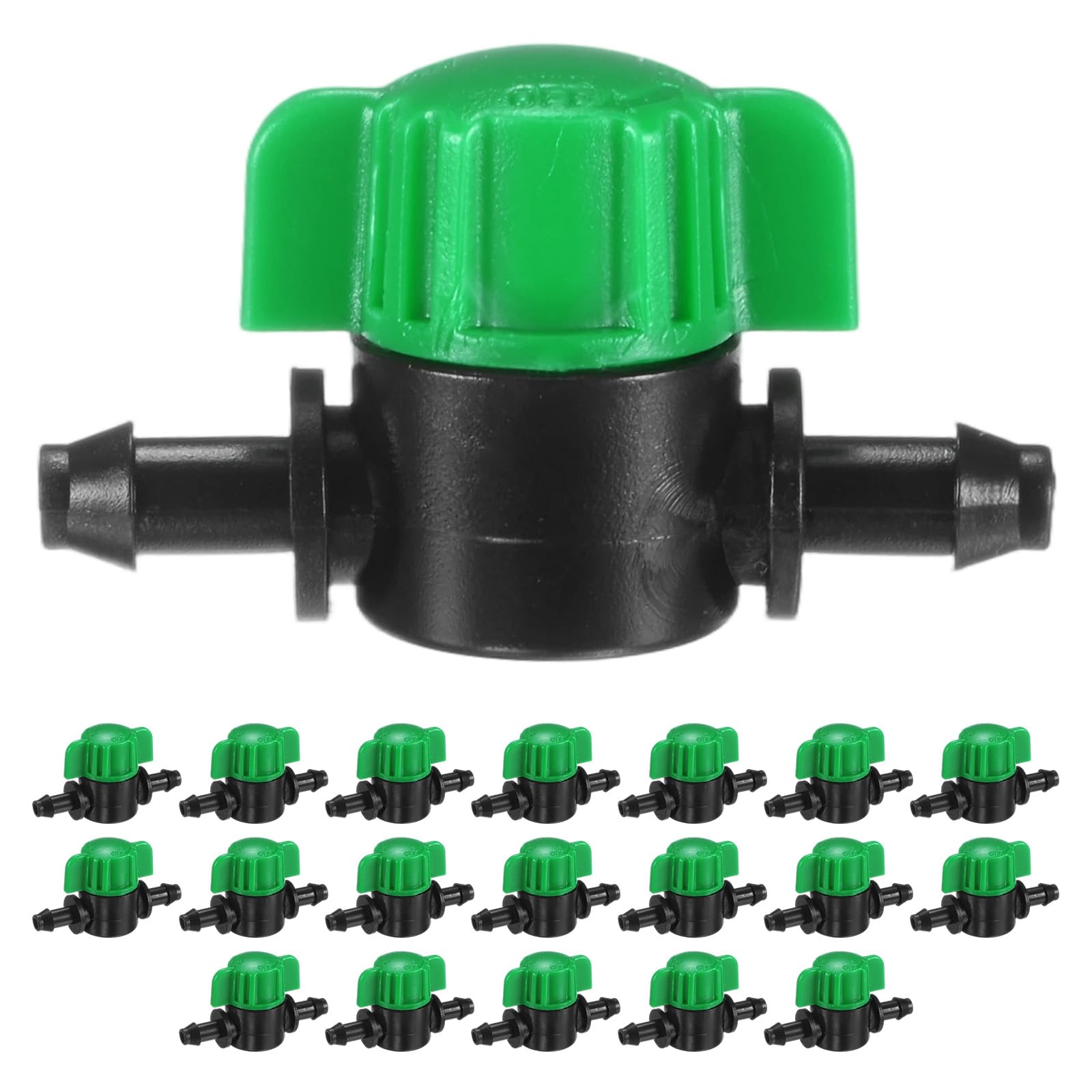 M METERXITY 20-Pack Drip Irrigation Valves, 1/4 Inch Plastic Barbed Shut-Off Valve for Drip Tubing/Garden Irrigation System/Lawn and Greenhouse Watering [Green]