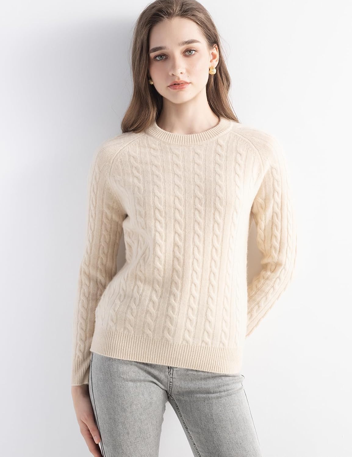 Chanyarn Women's 100% Cashmere Soft Cable Knit Crew Neck Sweater Rib Knit Top Fall Winter Long Sleeve Basic Pullover