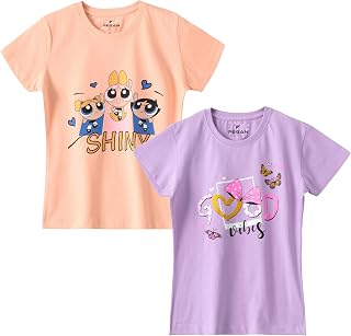 PEGAN Girls Pack of 2 T-Shirt | Soft Cotton Half Sleeve Round Neck Top for Kids | Comfortable for School, Home & Playtime... Price In India